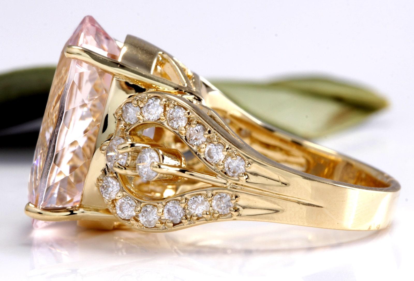 Mixed Cut 12.00 Carats Exquisite Natural Morganite and Diamond 14K Solid Yellow Gold Ring For Sale