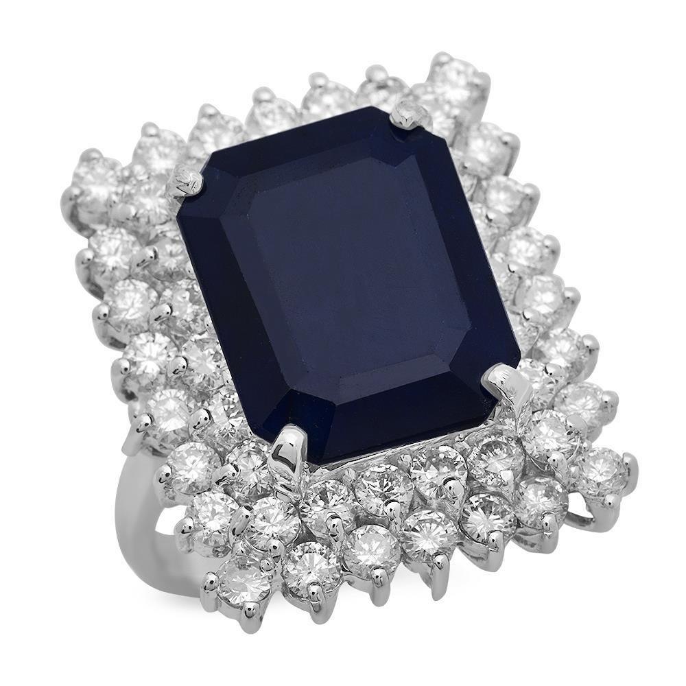 Mixed Cut 12.00 Carats Natural Blue Sapphire and Diamond 14K Solid White Gold Ring For Sale