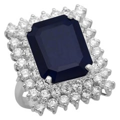 12,00 Carati Zaffiro Blu Naturale e Diamante Anello in Oro Bianco Solido 14K