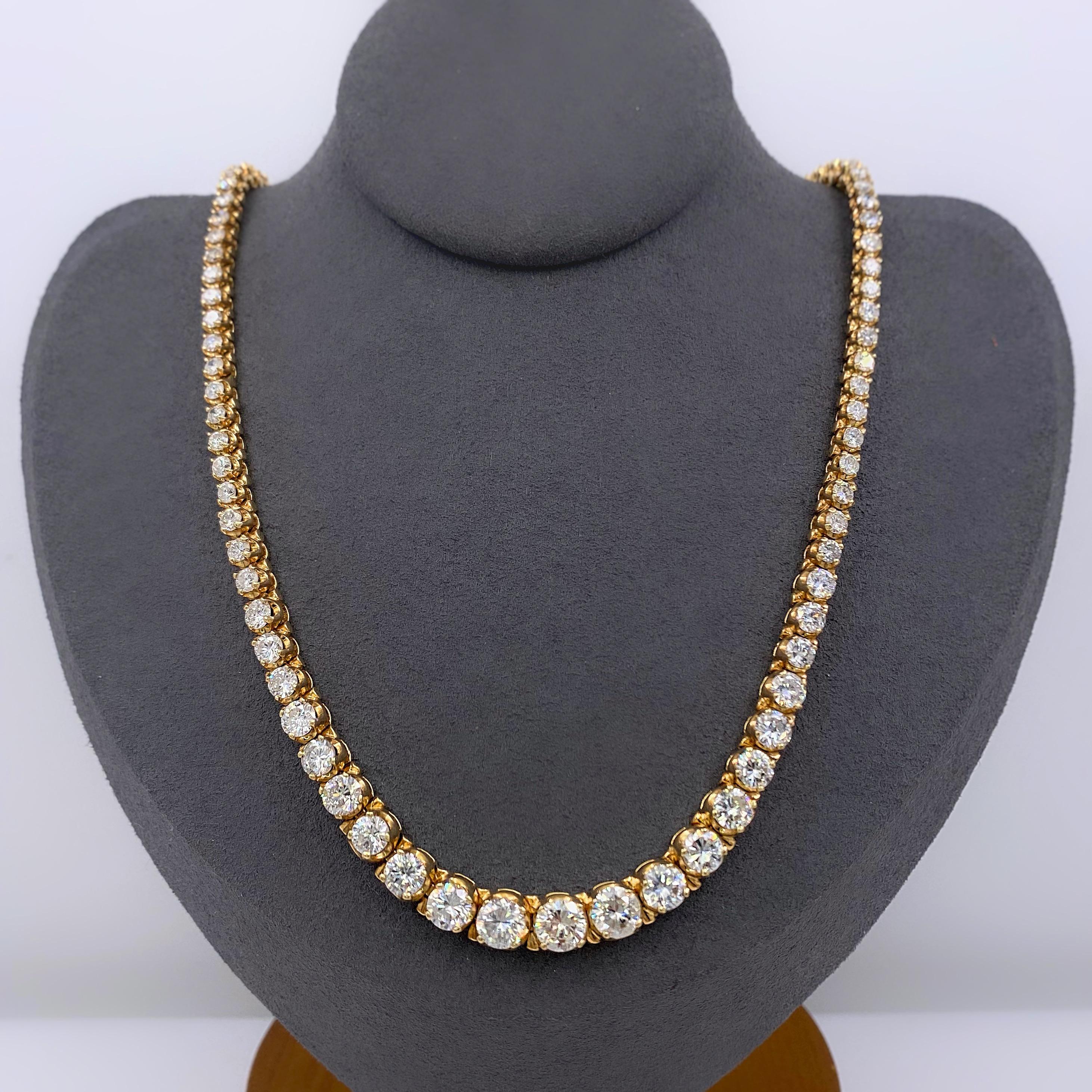 Diamond Riviera Necklace
Metal:  14k Yellow Gold
Length:  16' Inches
TCW:  12.00 tcw
Main Diamond:  101 Round Brilliant Diamonds 12.00 tcw
Color & Clarity:  H - I, SI2 - I1
Measurements:  Narrowest 3.55 MM to Widest 5.90 MM
Hallmark:  14K
Includes: 