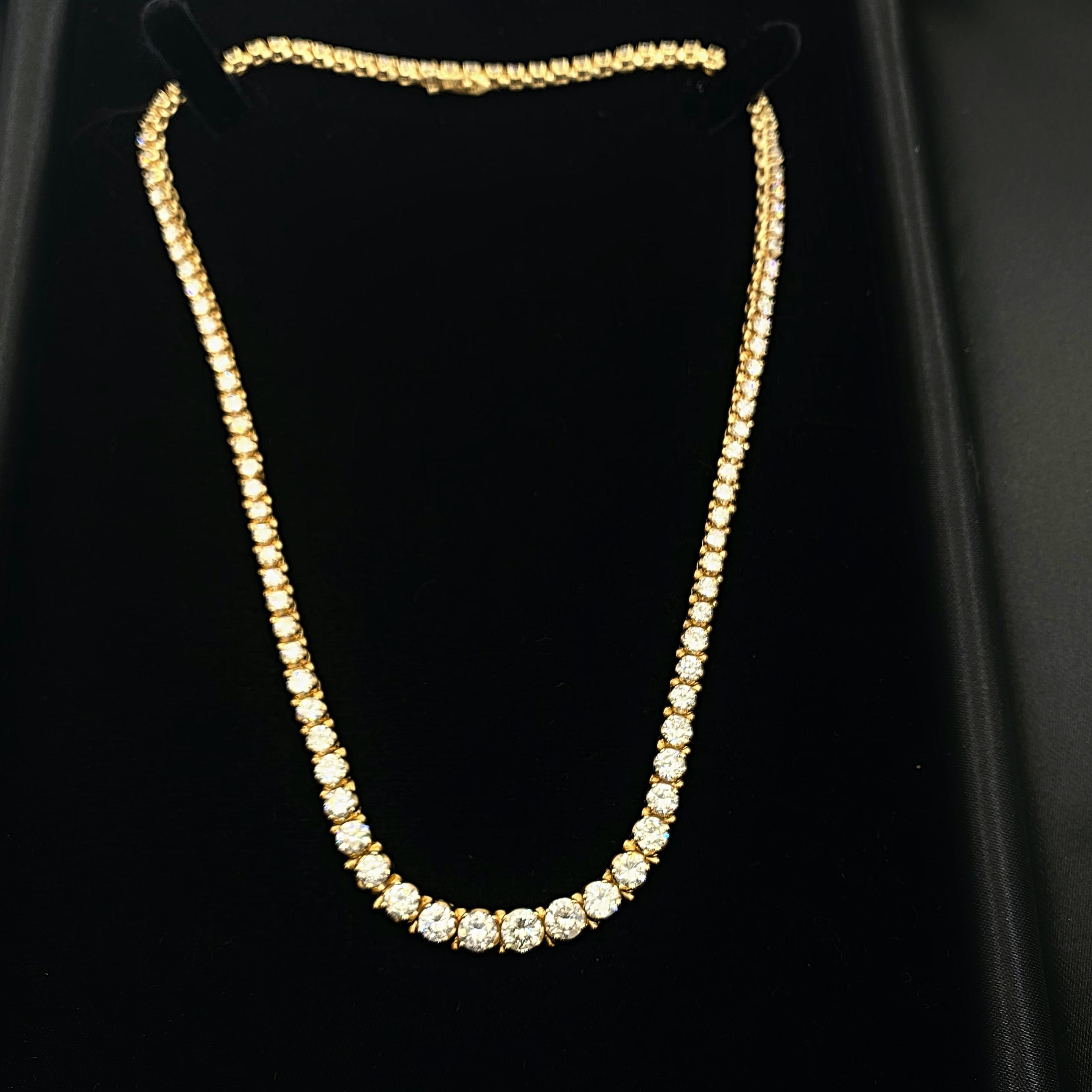 Round Cut 12.00 Carat Round Diamond Riviera Necklace 14 Karat Yellow Gold For Sale