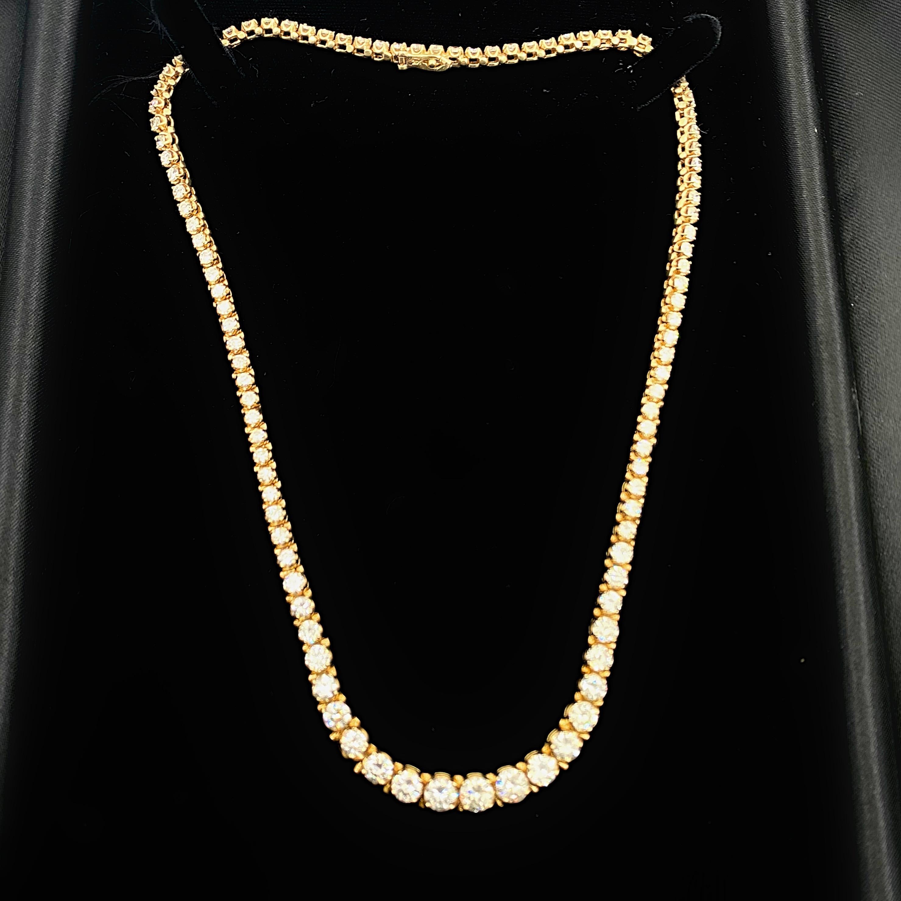 12.00 Carat Round Diamond Riviera Necklace 14 Karat Yellow Gold In Excellent Condition For Sale In San Diego, CA