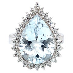 12.00ct Aquamarine Diamond Halo Cluster Cocktail Ring 18K White Gold