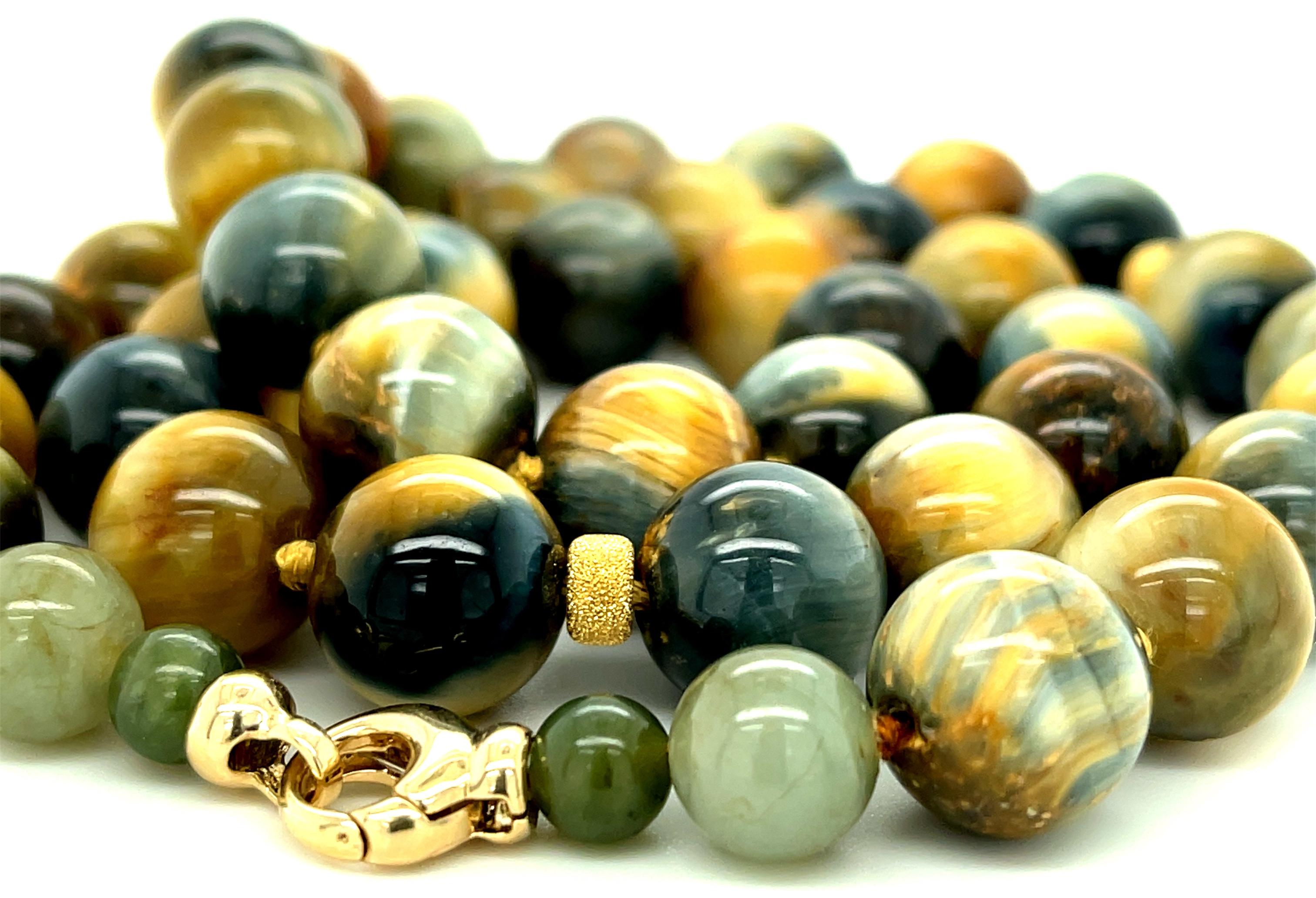 This 22-inch strand of beautiful 12mm cat's eye and falcon's eye quartz beads is so neutral that it can be worn with virtually any color. Cat's-eye quartz is cousin to the well-known tiger's-eye quartz, but displays greenish yellow and brownish