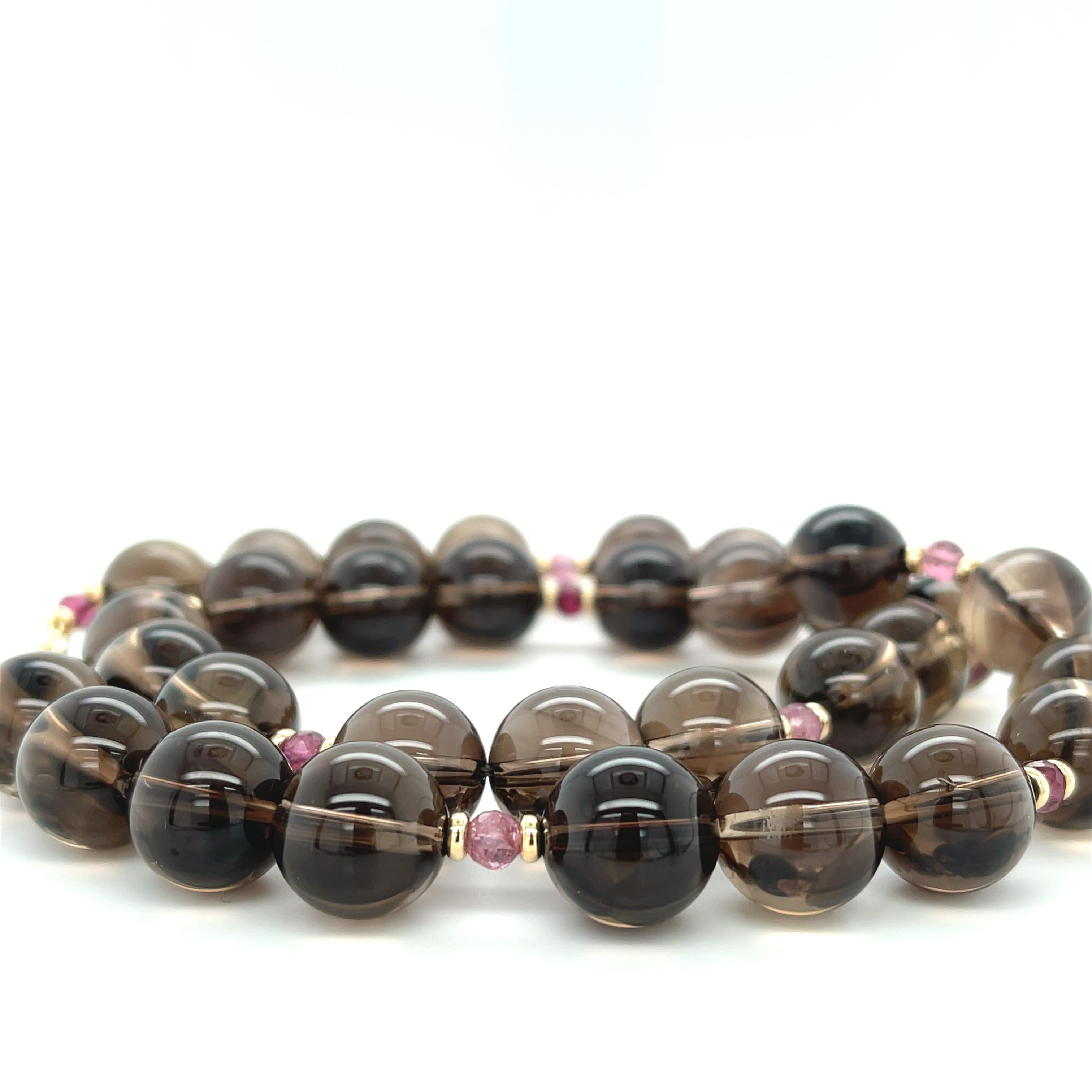 12mm Smoky Quartz and Pink Tourmaline Beaded Necklace with Yellow Gold Accents In New Condition In Los Angeles, CA