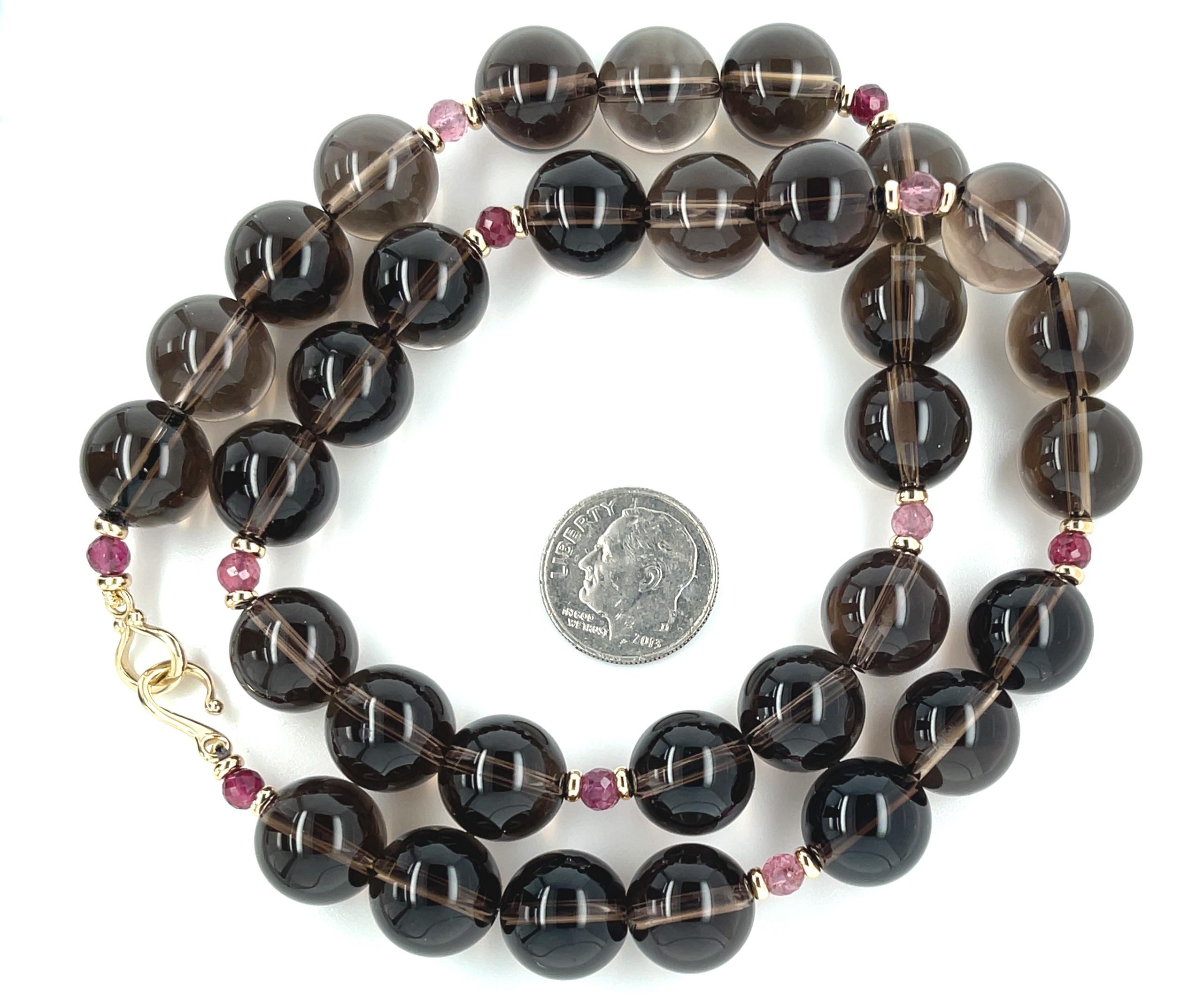Women's 12mm Smoky Quartz and Pink Tourmaline Beaded Necklace with Yellow Gold Accents