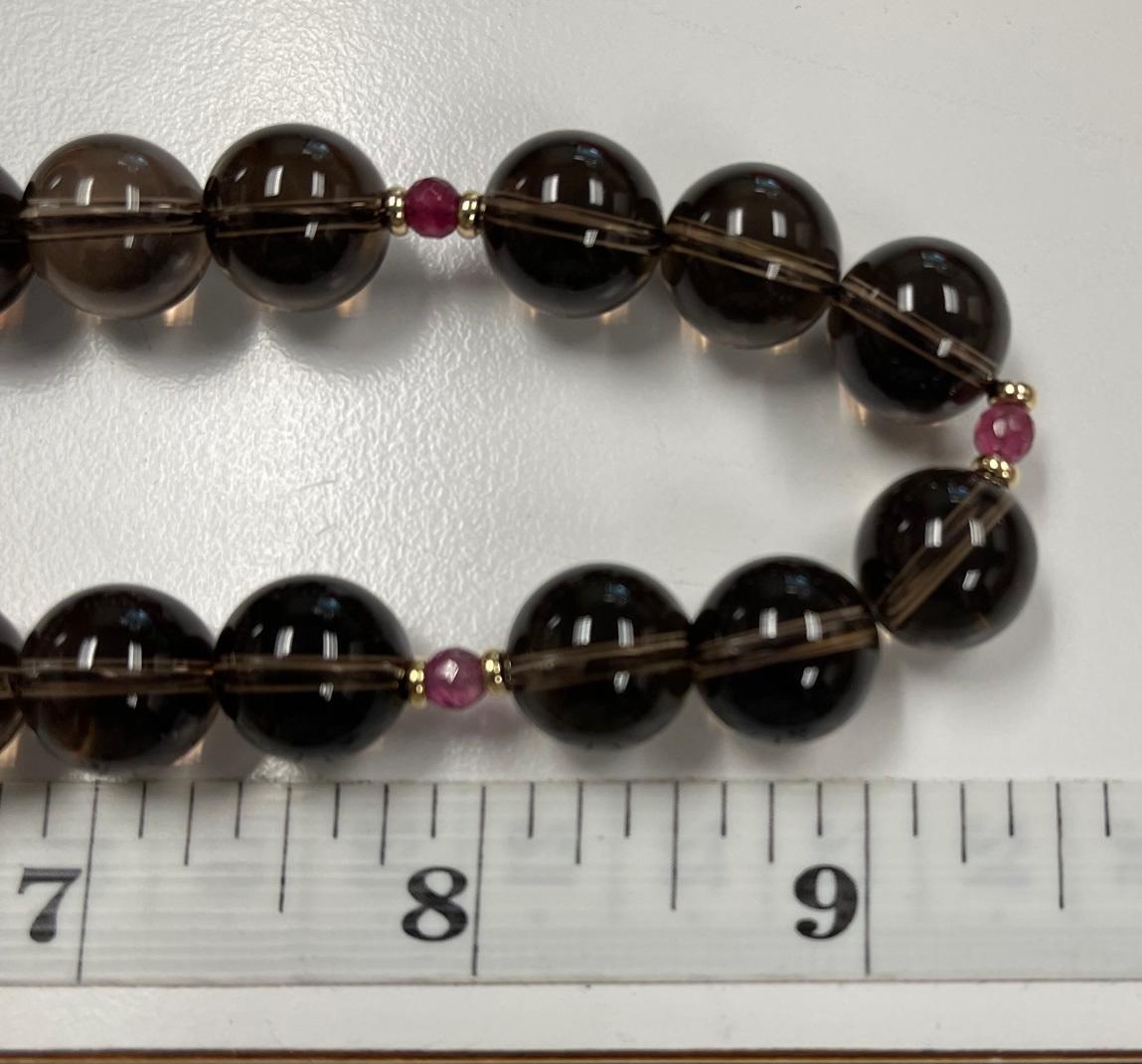 12mm Smoky Quartz and Pink Tourmaline Beaded Necklace with Yellow Gold Accents 1