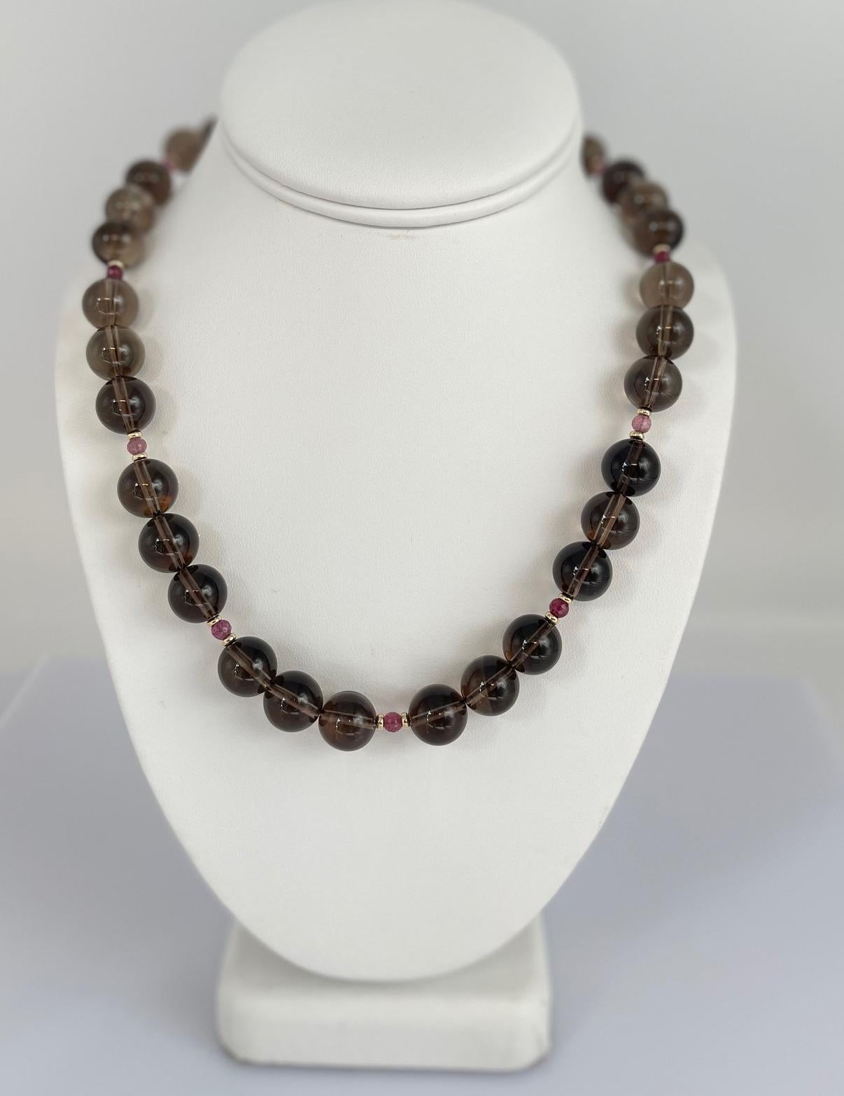 12mm Smoky Quartz and Pink Tourmaline Beaded Necklace with Yellow Gold Accents 2