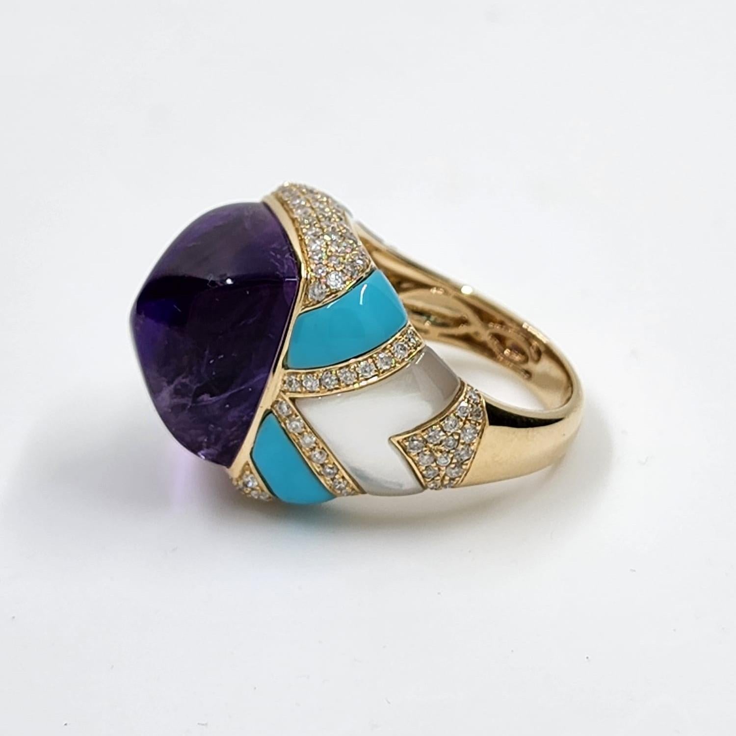 Sugarloaf Cabochon Sugarloaf Amethyst Diamond Turquoise Cocktail Ring in 14 Karat Yellow Gold