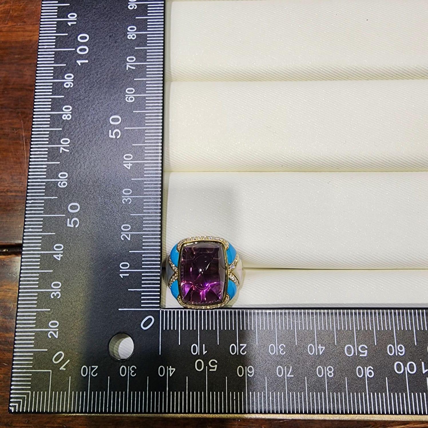 Women's Sugarloaf Amethyst Diamond Turquoise Cocktail Ring in 14 Karat Yellow Gold