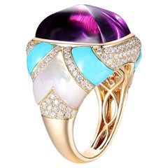 Sugarloaf Amethyst Diamond Turquoise Cocktail Ring in 14 Karat Yellow Gold