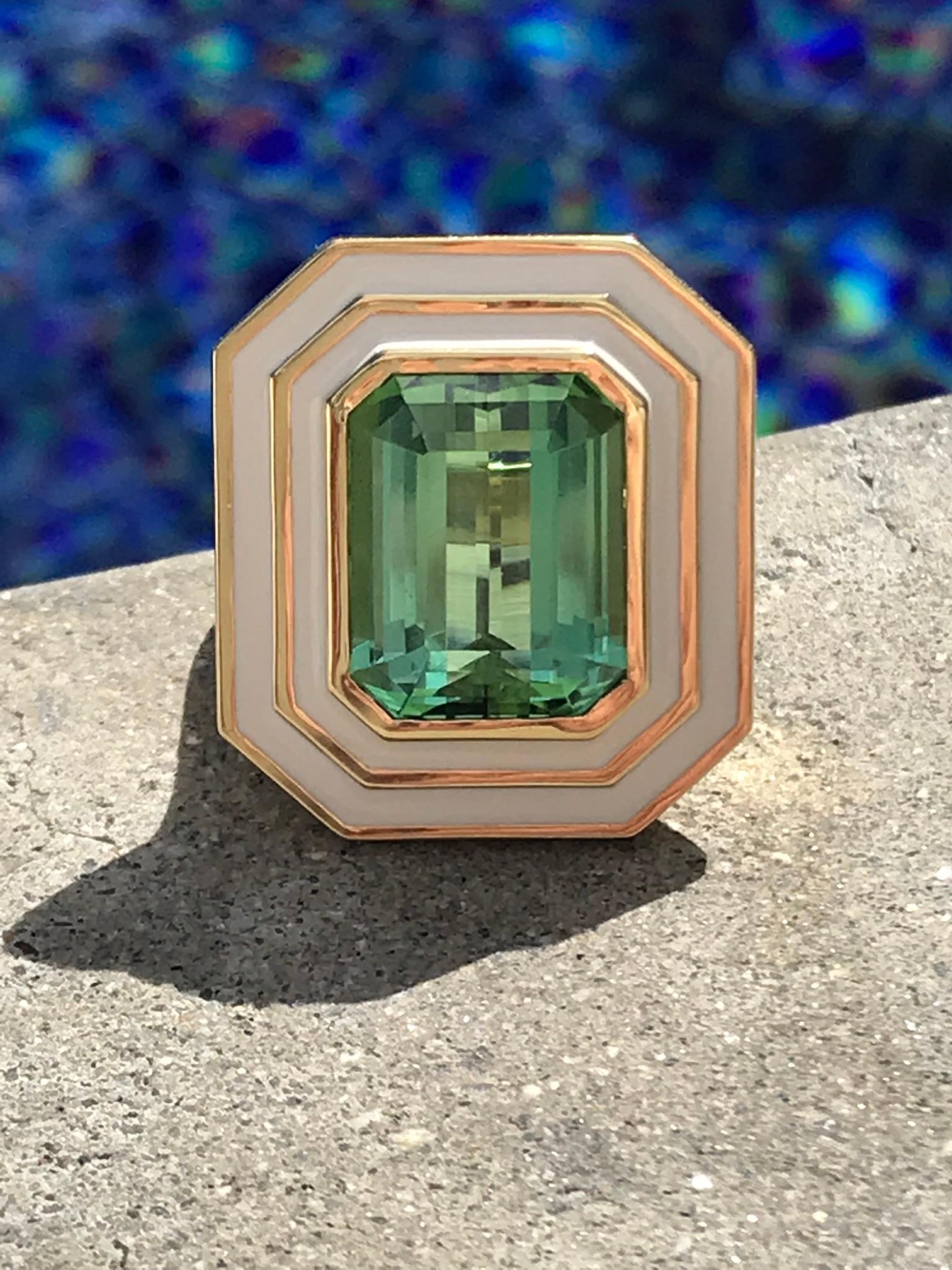 Emerald Cut 12.01 Carat Green Tourmaline and Enamel Cocktail Ring