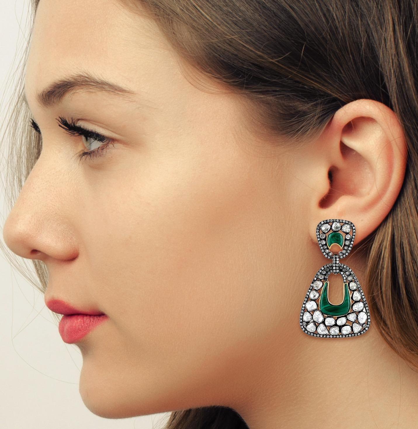 Handcrafted from 18-karat gold & sterling silver, these earring are set with 12.01 carats of rose cut diamonds and 11.4 carats malachite with blackened finish.

FOLLOW  MEGHNA JEWELS storefront to view the latest collection & exclusive pieces. 