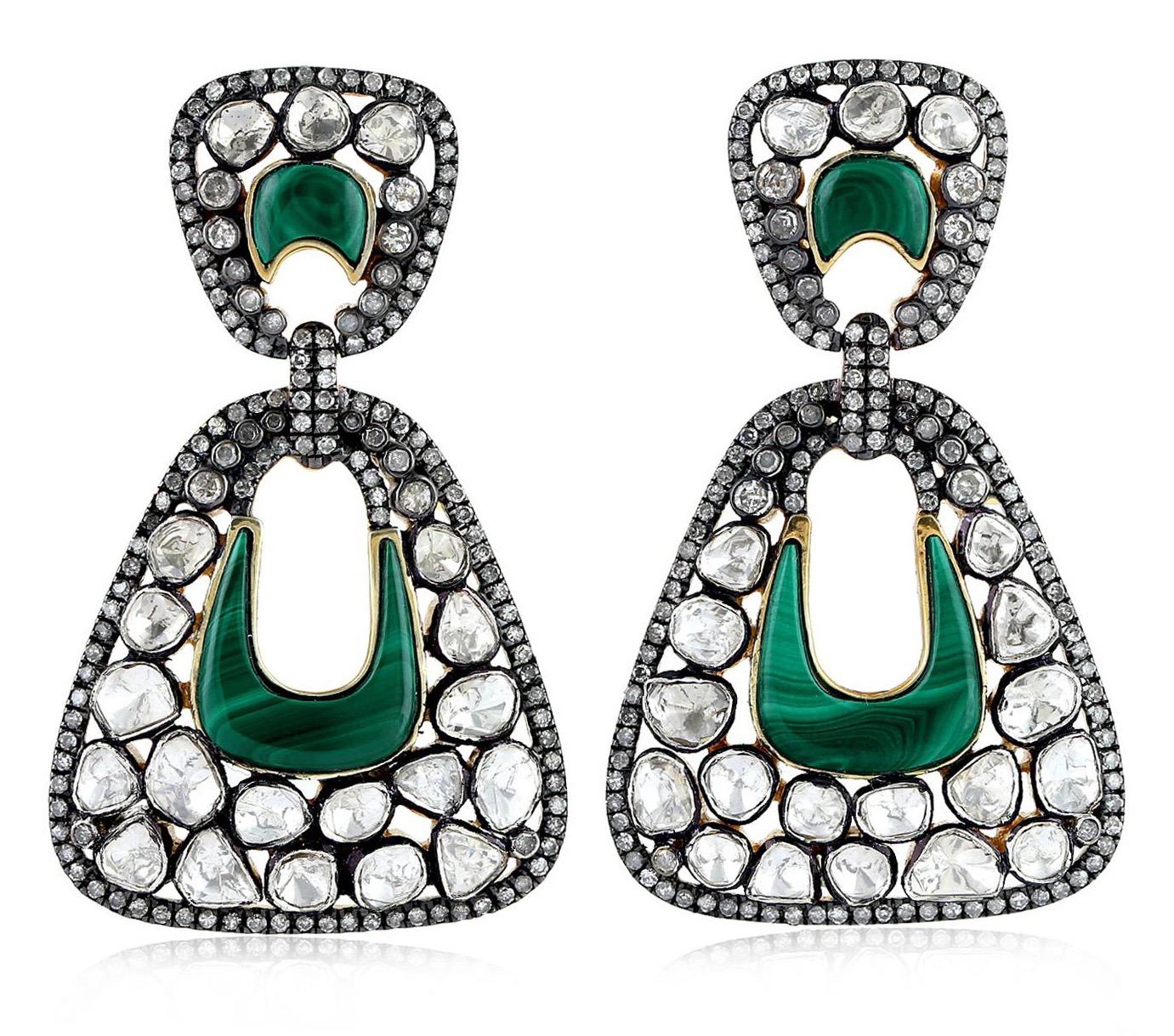 12.01 Carat Rose Cut Diamond Malachite Earrings In New Condition For Sale In Hoffman Estate, IL