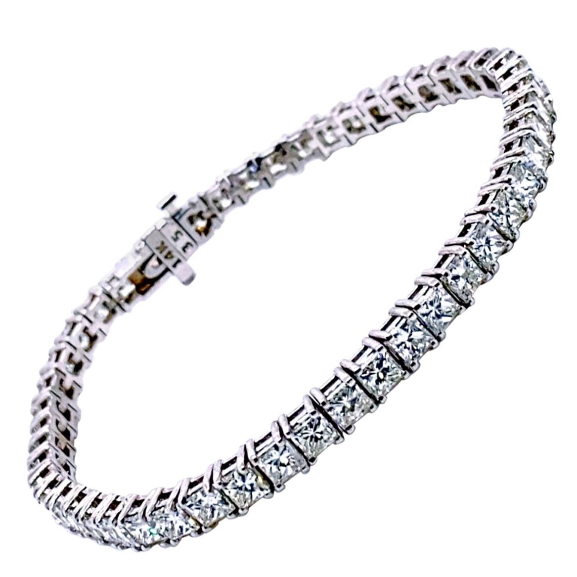 12.02 Carat 4-Prong Set Princess Cut Diamond Gold Tennis Bracelet For Sale