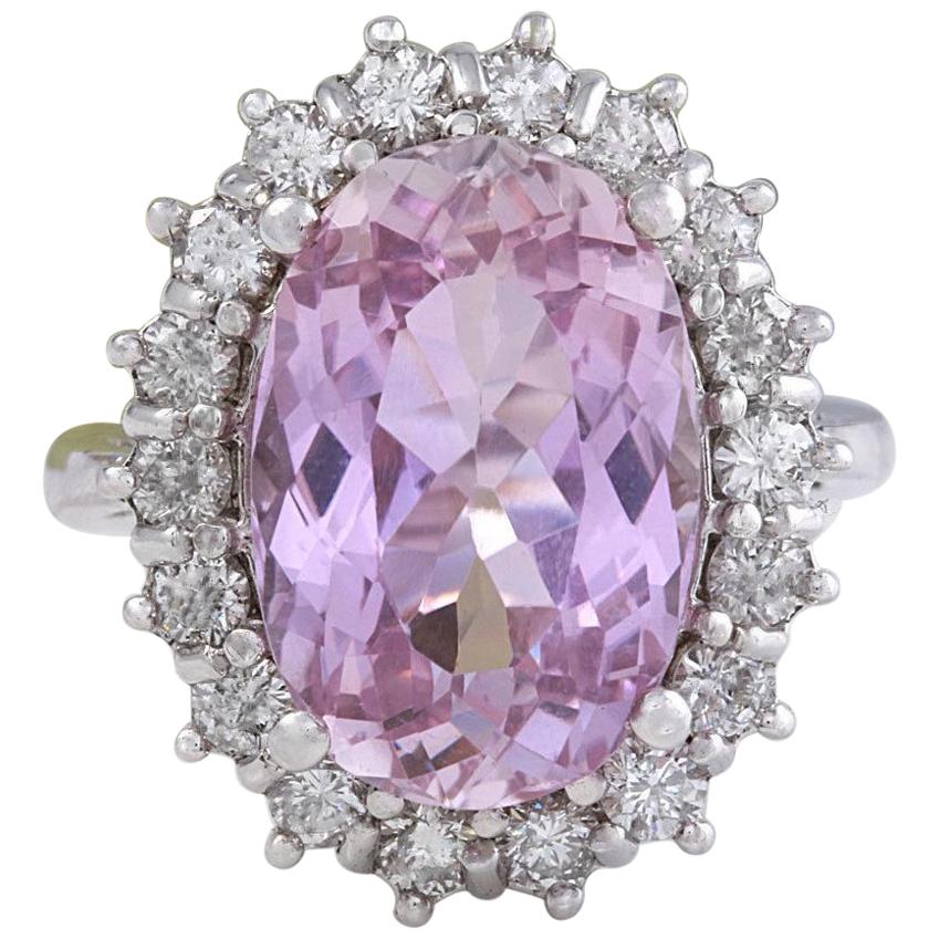 12.02 Carat Exquisite Natural Pink Kunzite and Diamond 14K Solid White Gold Ring