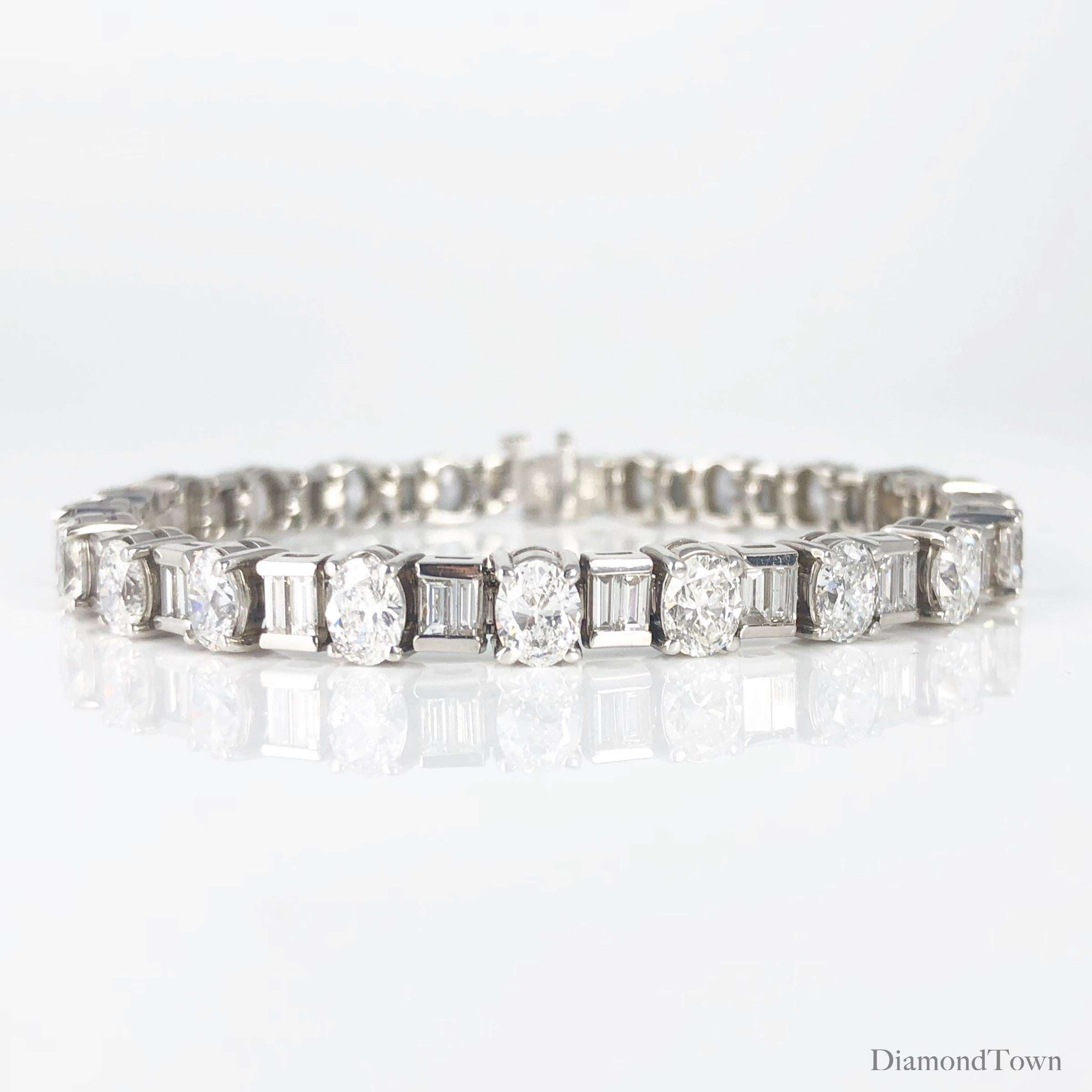 Behold, a tennis bracelet that transcends traditional elegance and offers a unique and captivating twist. This exquisite bracelet is a masterpiece of design and craftsmanship, featuring a captivating pattern that alternates between oval-cut diamonds