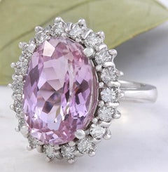 12.02 Carat Exquisite Natural Pink Kunzite and Diamond 14K Solid White Gold Ring