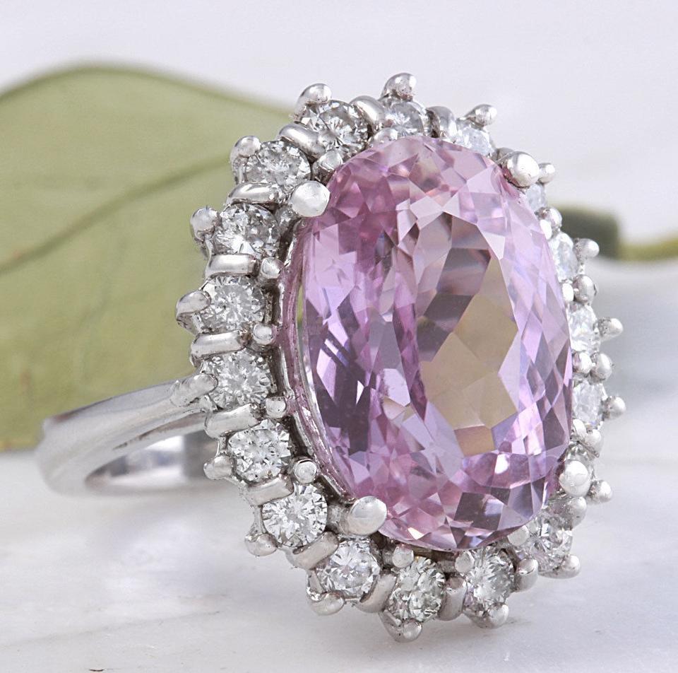 Women's 12.02 Carat Exquisite Natural Pink Kunzite and Diamond 14K Solid White Gold Ring For Sale