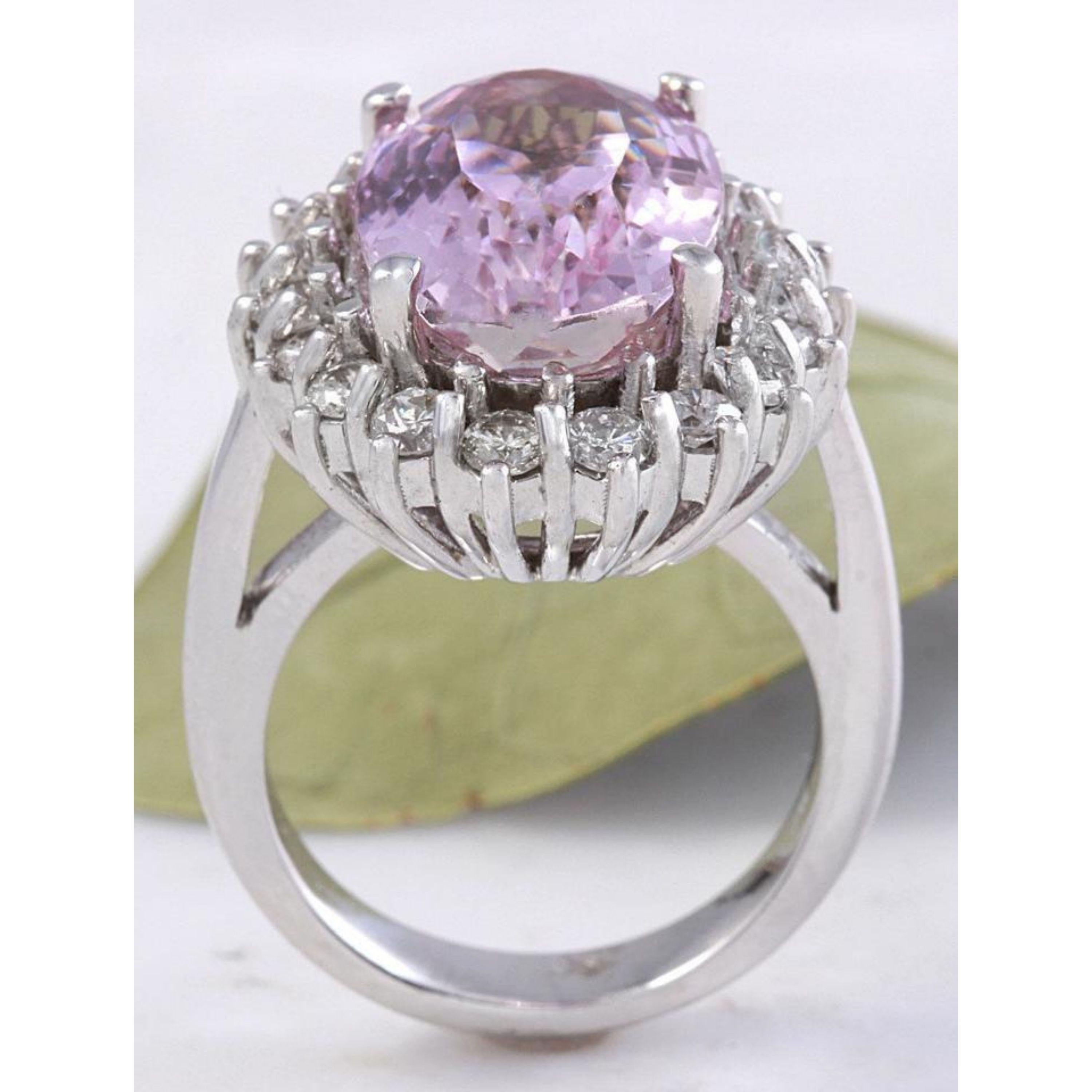 12.02 Carat Exquisite Natural Pink Kunzite and Diamond 14K Solid White Gold Ring For Sale 3