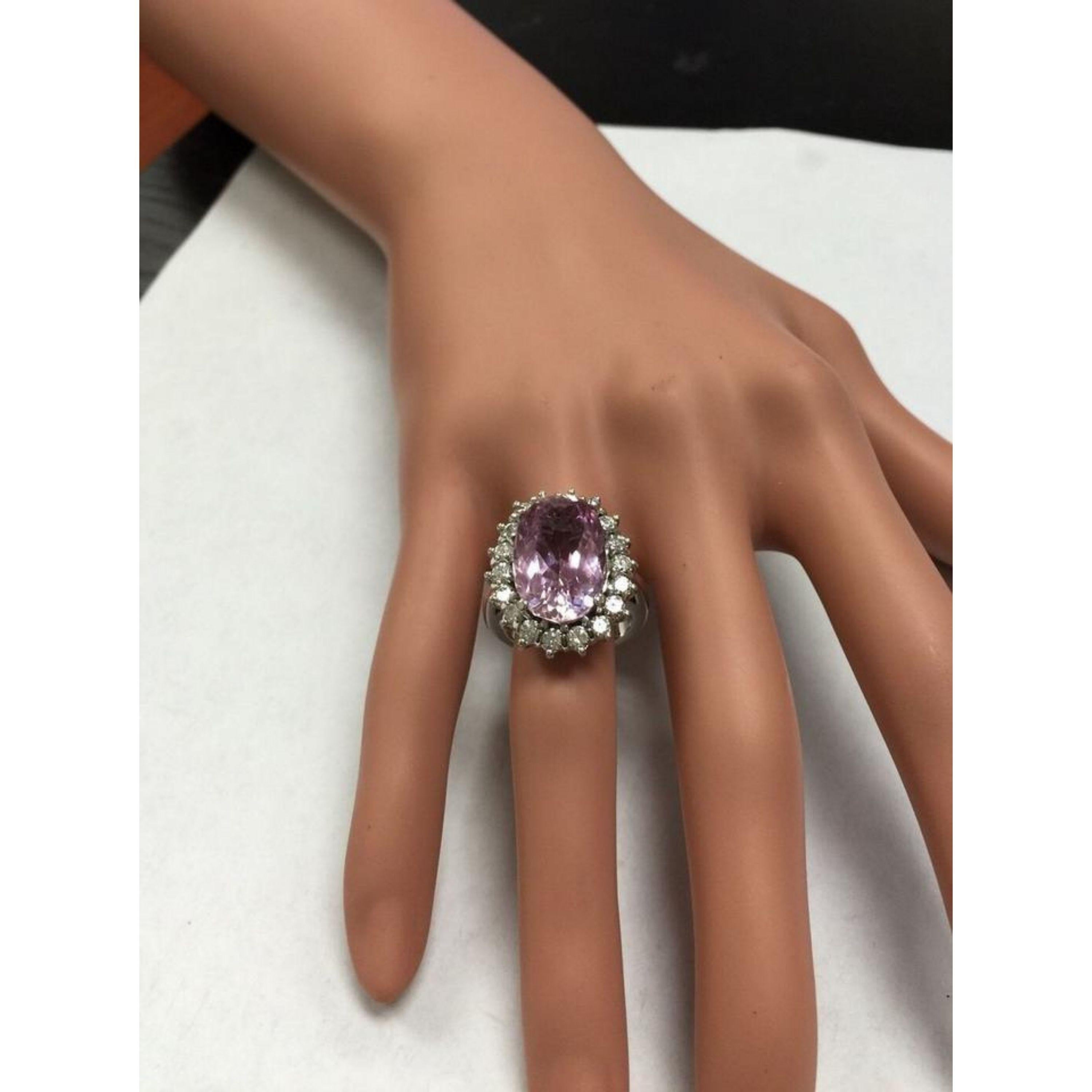 12.02 Carat Exquisite Natural Pink Kunzite and Diamond 14K Solid White Gold Ring For Sale 4