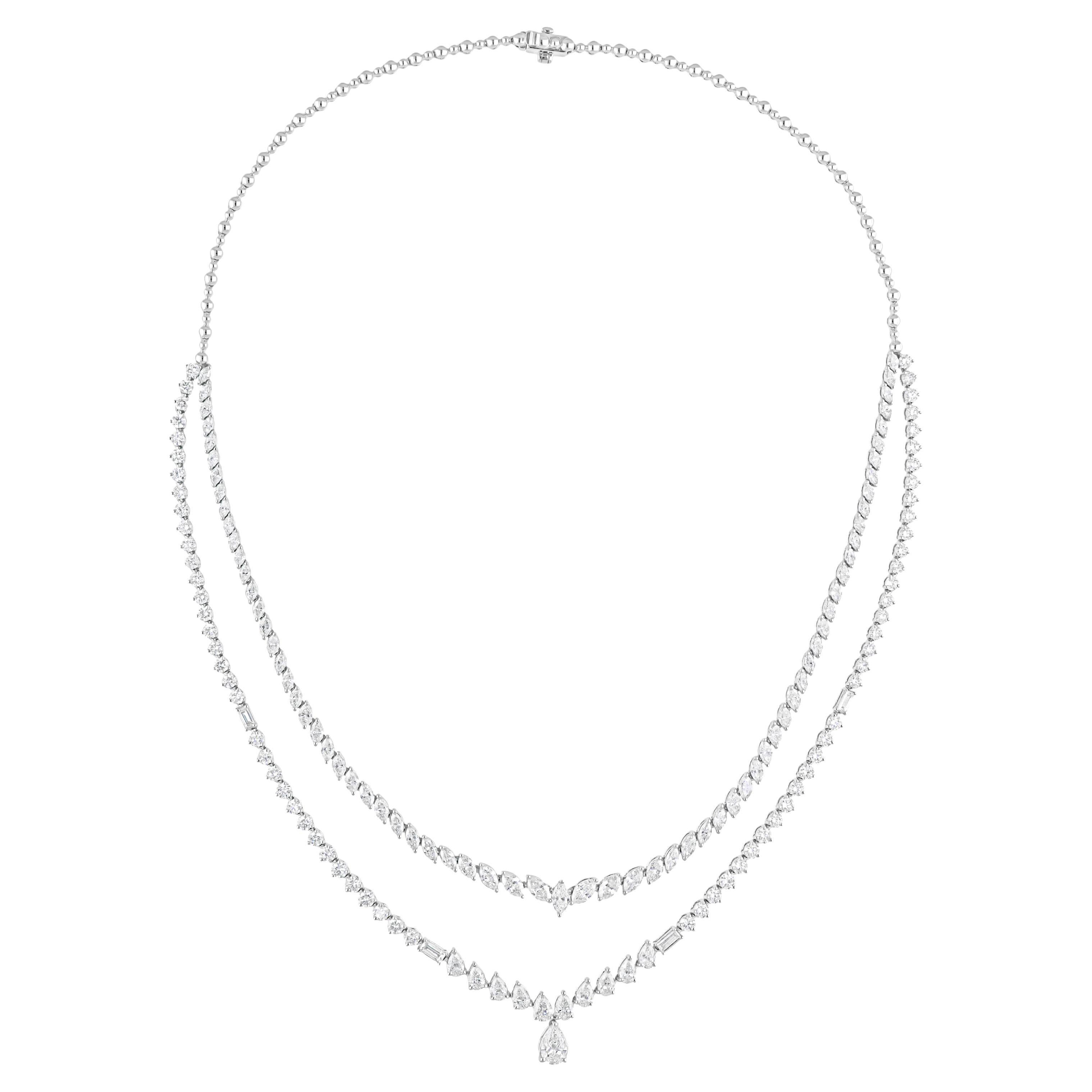 12.02Ct Mixed Cut Two Row Fine Diamond Graduated Bridal Necklace 14K White Gold
