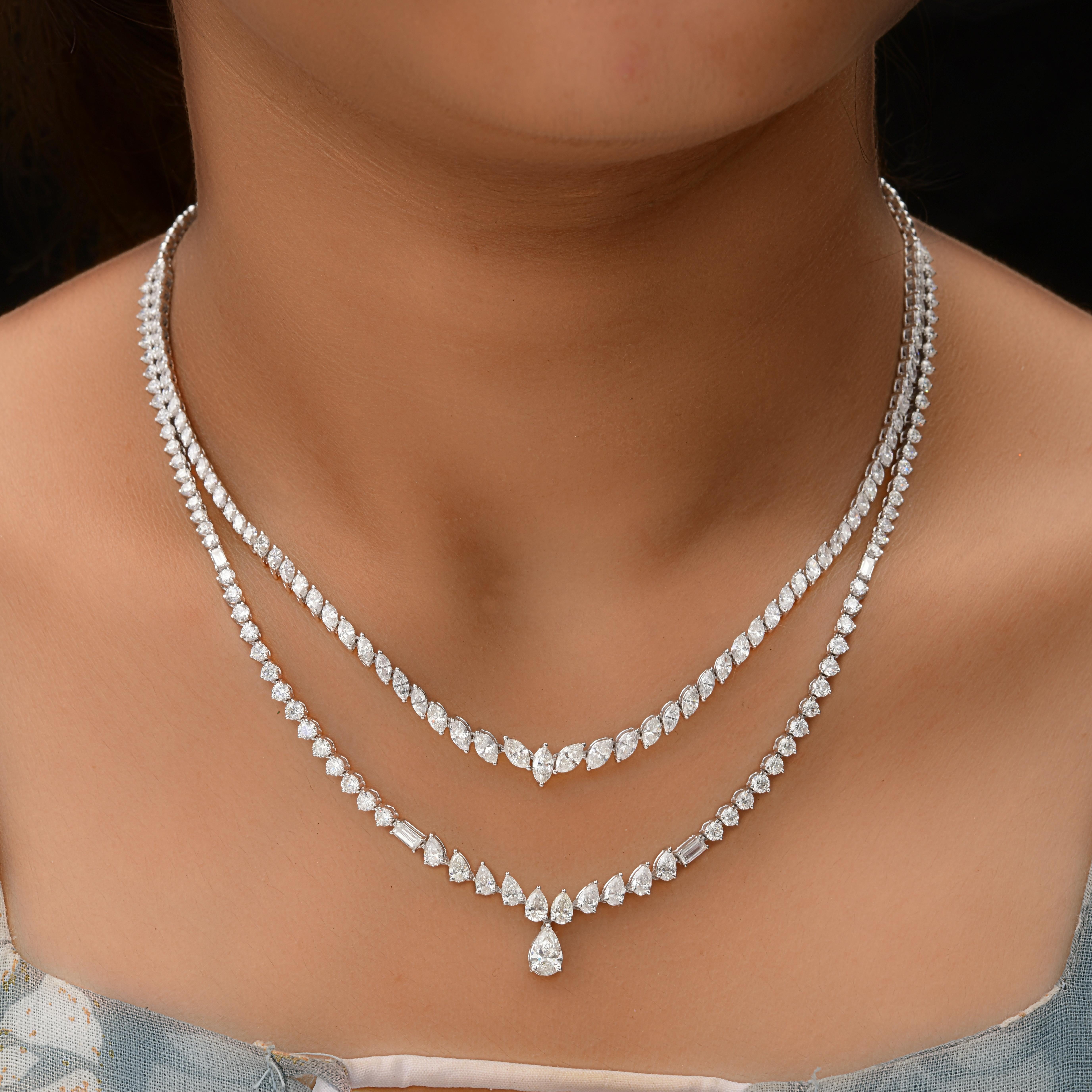 12.02Ct Mixed Cut Two Row Fine Diamond Graduated Bridal Necklace 18K White Gold.
This masterpiece features two delicate diamond rows—the upper strand showcasing a fine arrangement of marquise diamonds, while the lower strand highlights a series of