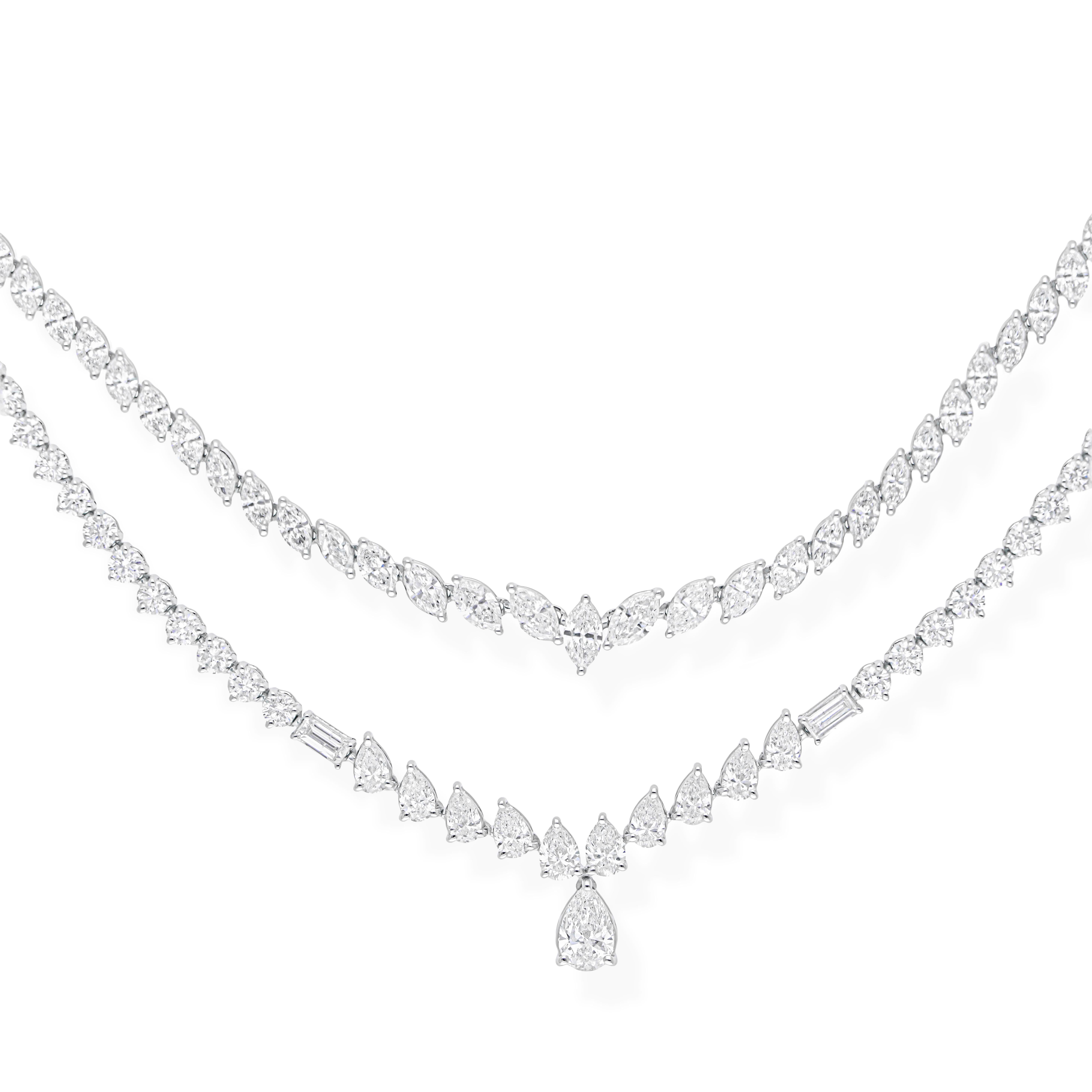 Moderno 12.02Ct Mixed Cut Two Row Fine Diamond Graduated Bridal Necklace 18K White Gold in vendita