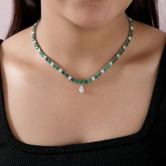 12.02Ct Natural Emerald 4.88Ct Solitaire Diamond Necklace 18K White Gold