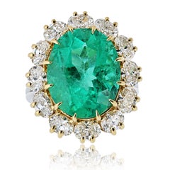 12.03 Carat Green Emerald Oval Cut Halo Set Cocktail Ring