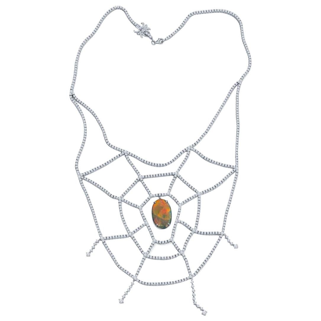 12.03ct Oval Lightning Ridge Black Opal and 16.19ct Diamond Spider Web Necklace For Sale