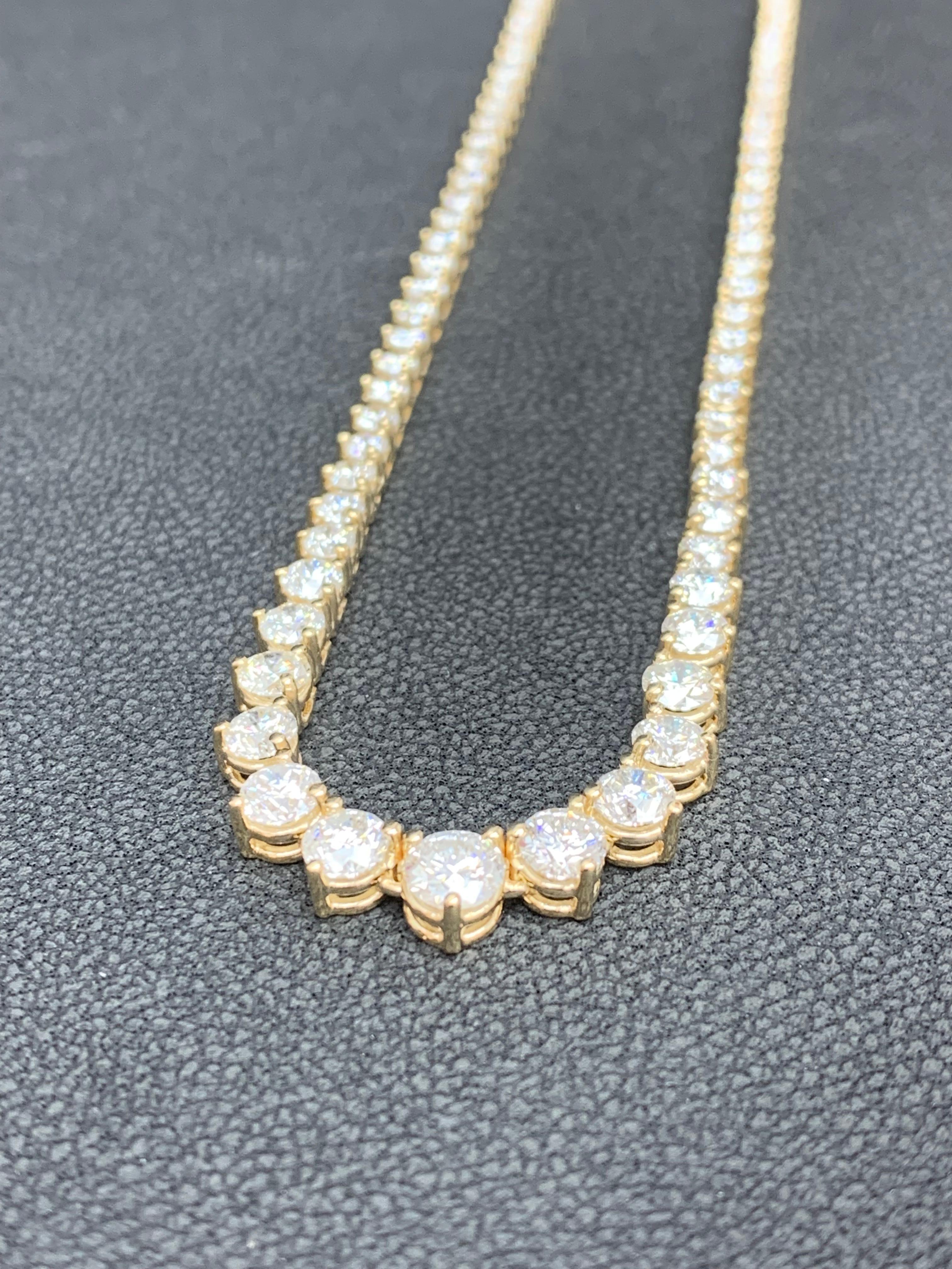 12.05 Carat Graduating Round Diamond Riviere Tennis Necklace in 14K Yellow Gold For Sale 4