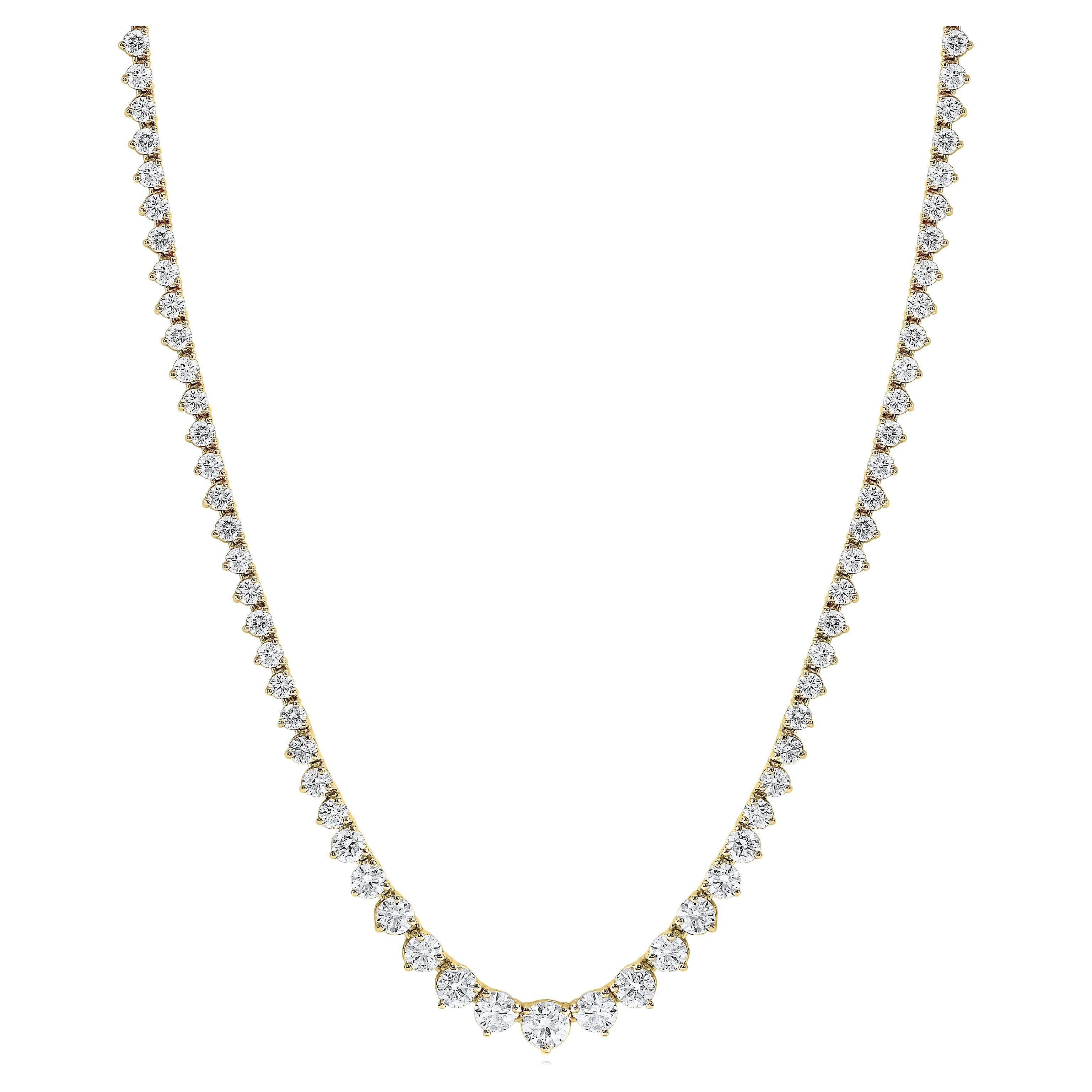 12.05 Carat Graduating Round Diamond Riviere Tennis Necklace in 14K Yellow Gold For Sale