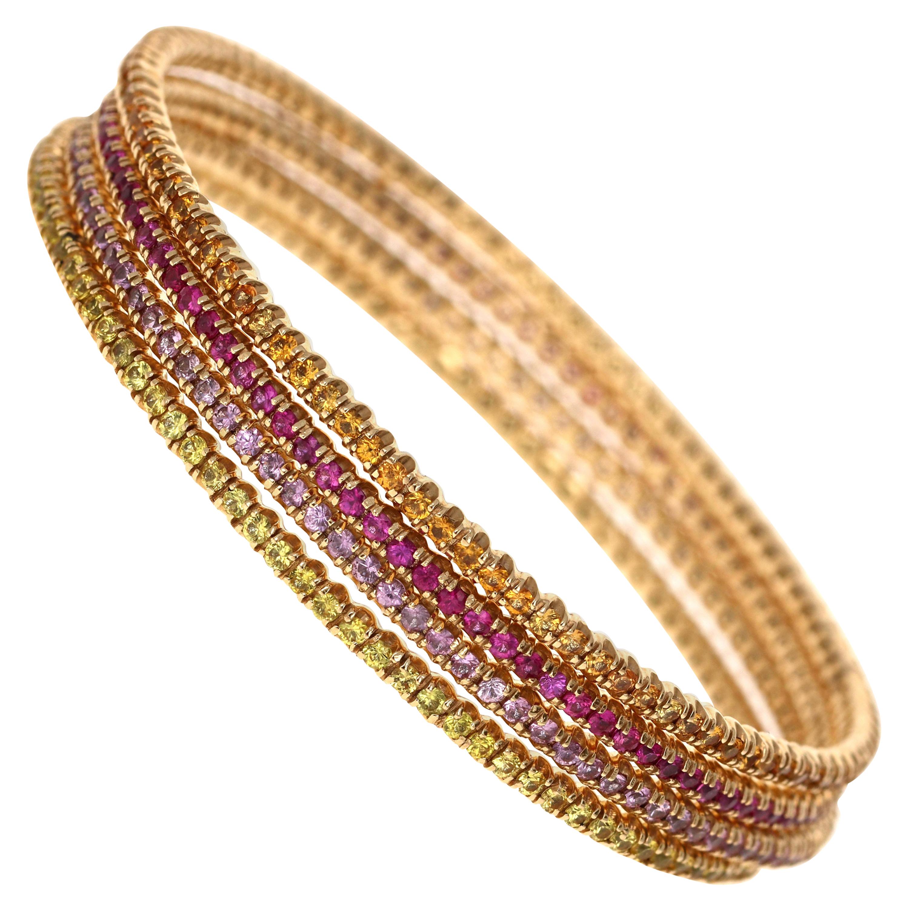12.05 Carat Multicolored Sapphire 14 Karat Gold Stack-Able Eternity Bangles
