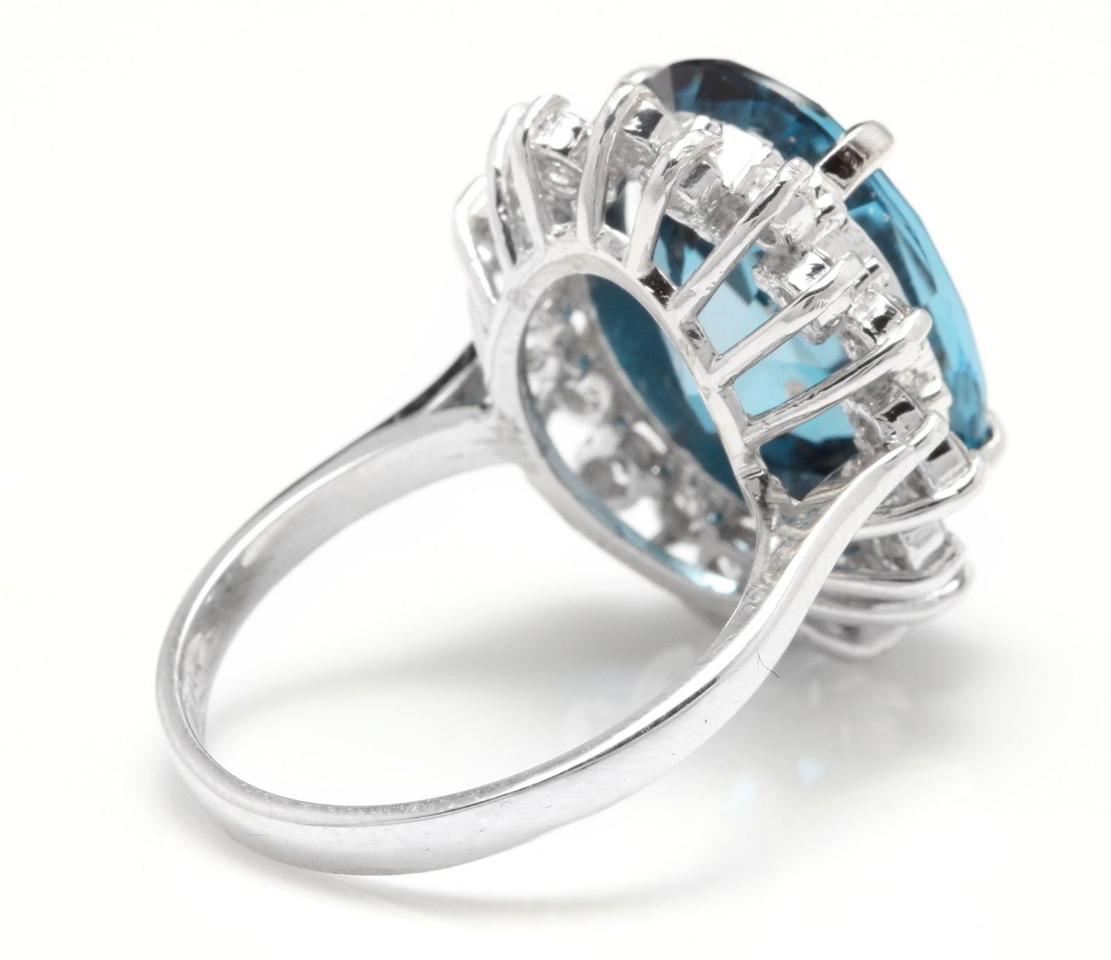 Mixed Cut 12.05 Carat Natural London Blue Topaz and Diamond 14 Karat Solid White Gold Ring For Sale