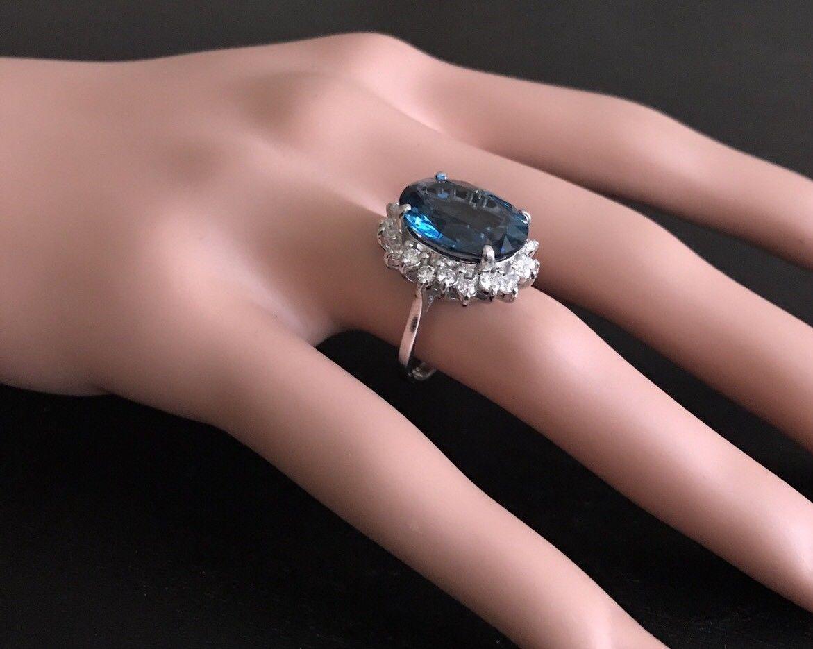 Women's 12.05 Carat Natural London Blue Topaz and Diamond 14 Karat Solid White Gold Ring For Sale