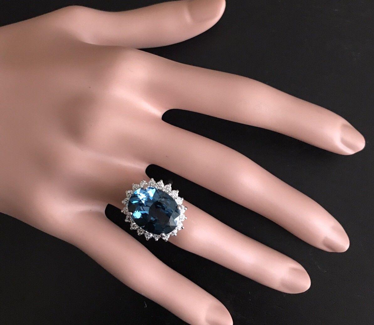 12.05 Carat Natural London Blue Topaz and Diamond 14 Karat Solid White Gold Ring For Sale 1
