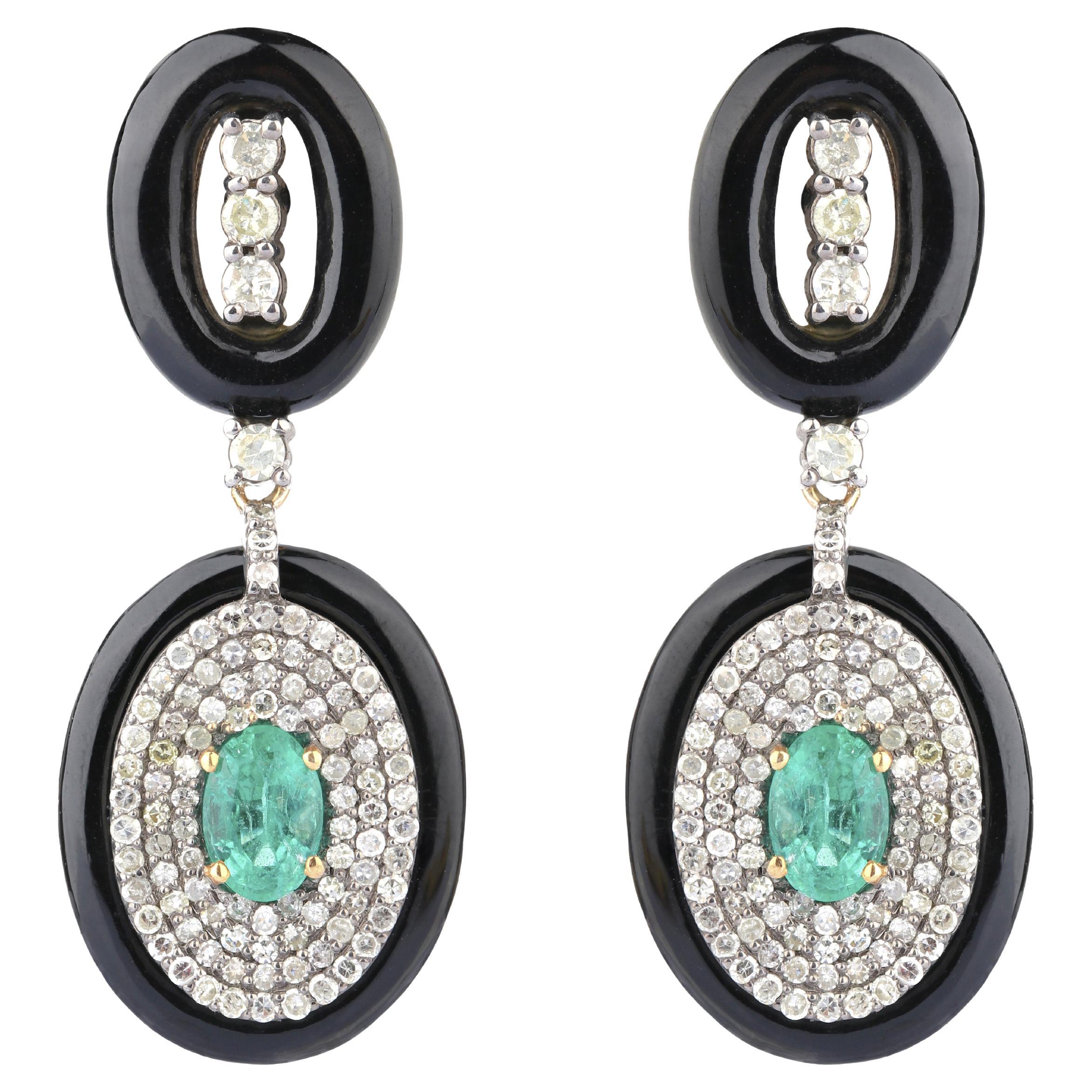 12.05 Carats Diamond, Emerald, and Black Onyx Drop Earrings in Art Deco Style For Sale