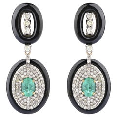 12.05 Carats Diamond, Emerald, and Black Onyx Drop Earrings in Art Deco Style