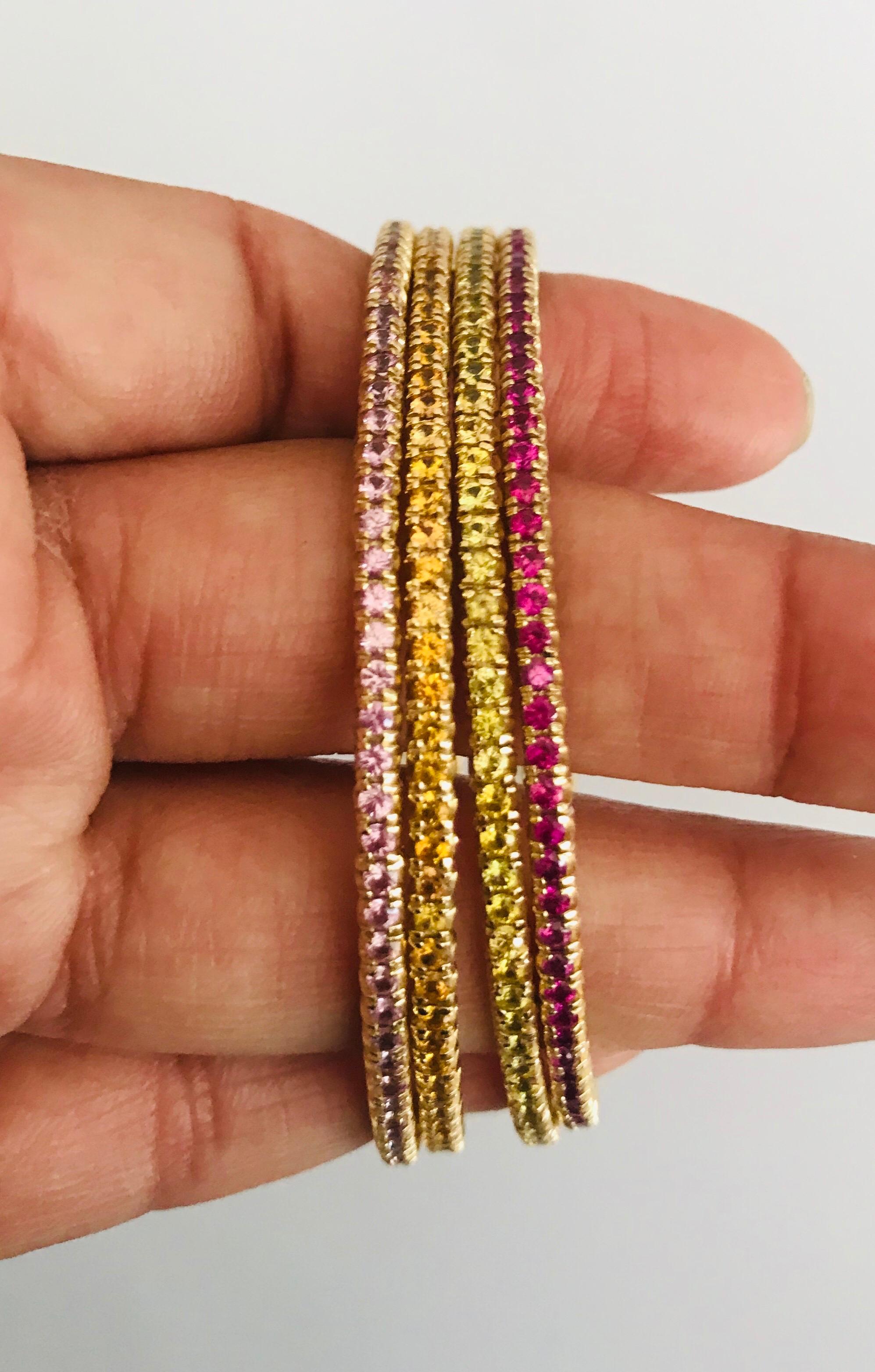 12.05 Carat Multicolored Sapphire 14 Karat Gold Stack-Able Eternity Bangles 3