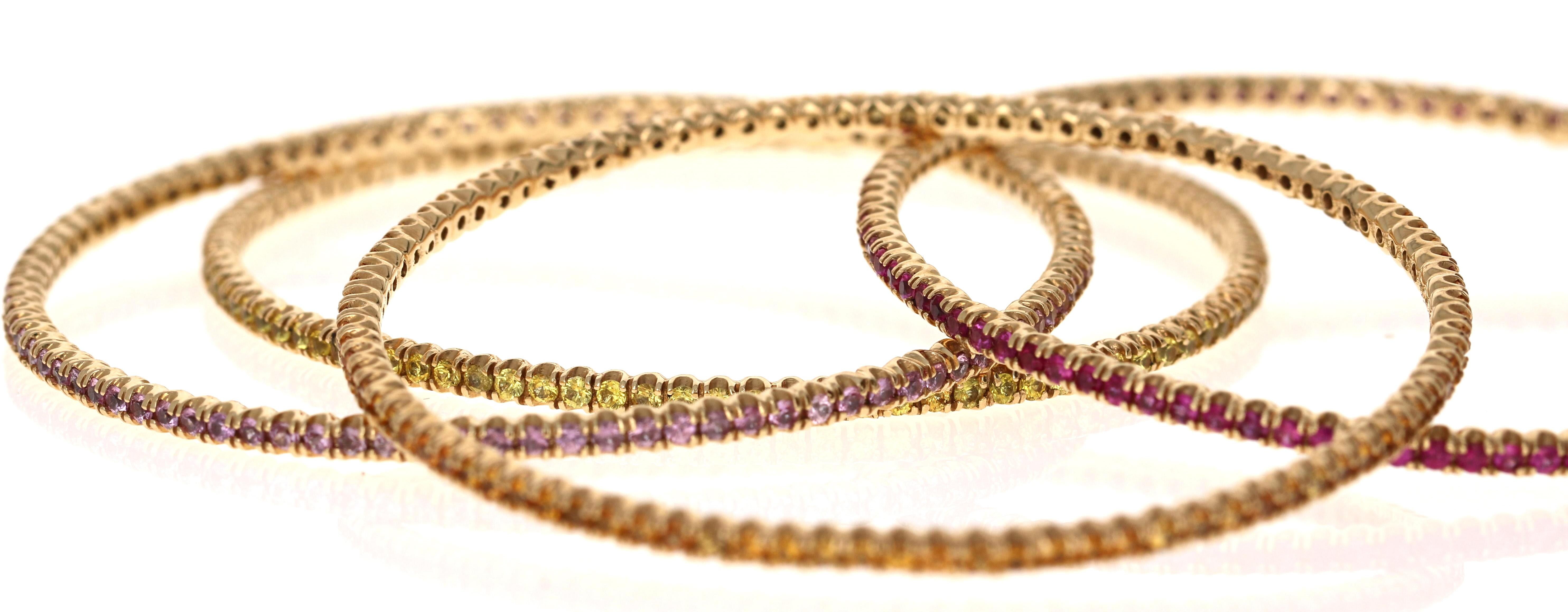 Round Cut 12.05 Carat Multicolored Sapphire 14 Karat Gold Stack-Able Eternity Bangles