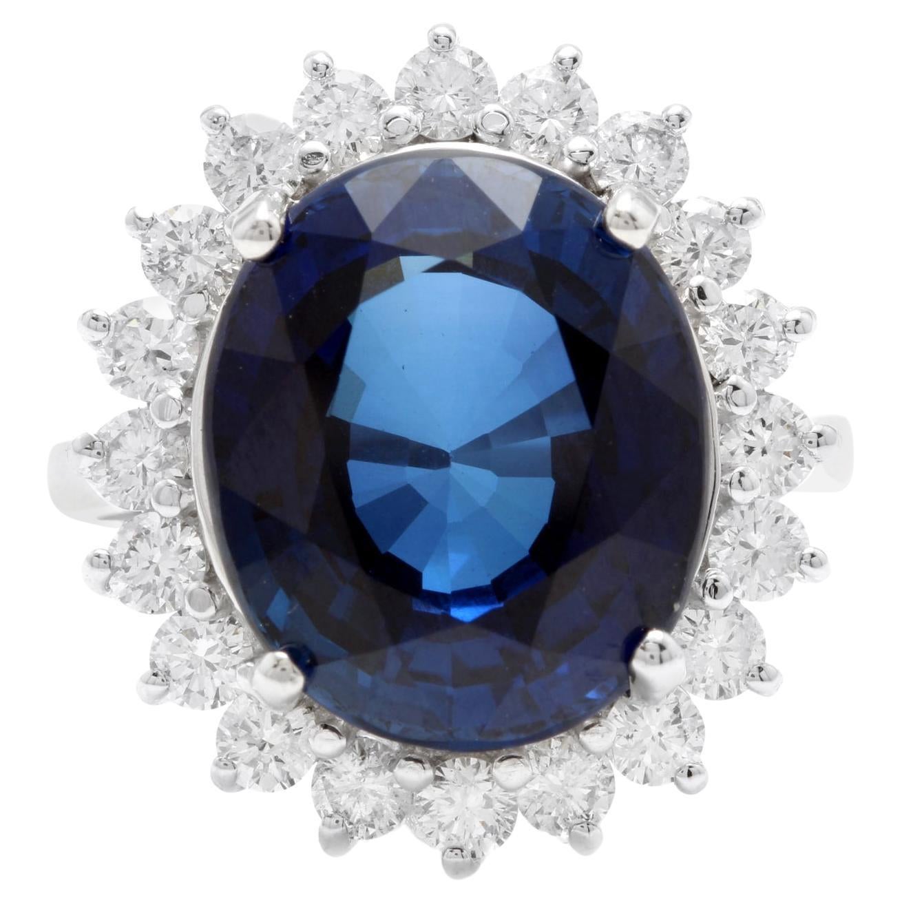 12,05 Karat Blauer Saphir und natürlicher Diamant 14K massiver Weißgold Ring