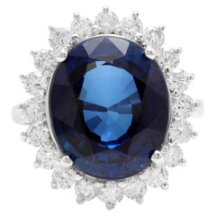 12,05 Karat Blauer Saphir und natürlicher Diamant 14K massiver Weißgold Ring