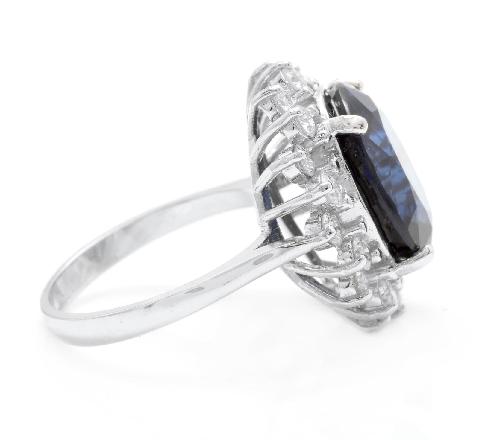 Mixed Cut 12.05ct Blue Sapphire and Natural Diamond 14K Solid White Gold Ring For Sale