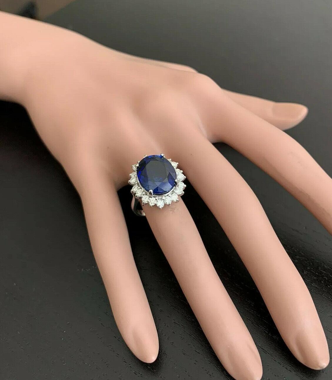 12.05ct Blue Sapphire and Natural Diamond 14K Solid White Gold Ring For Sale 2