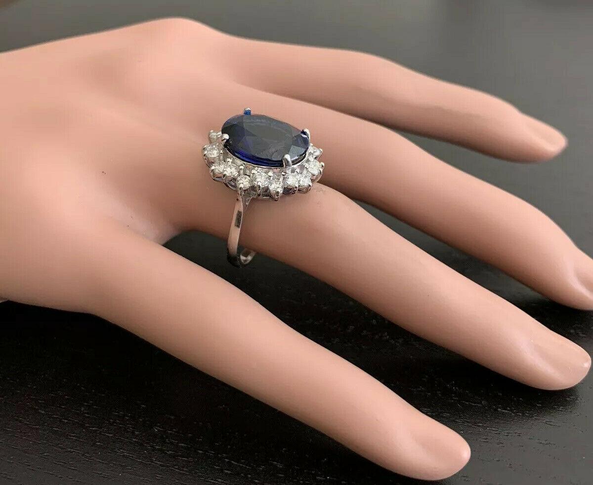 12.05ct Blue Sapphire and Natural Diamond 14K Solid White Gold Ring For Sale 3
