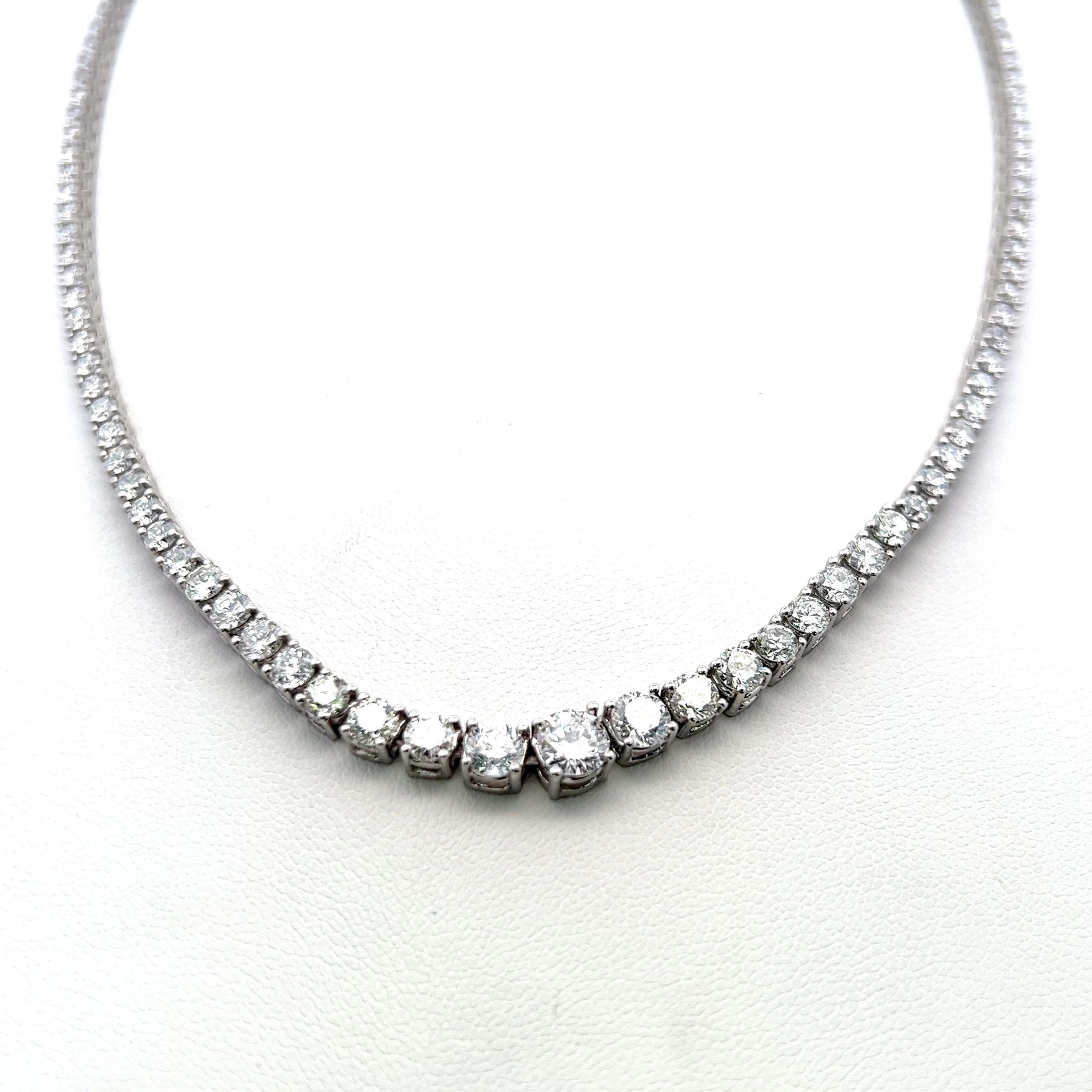 Title:
12.07 Carat Round Brilliant Diamond 18 Karat White Gold Riviera Necklace


Style:
Riviera


Metal:
18 Karat White Gold


Gemstone 1:
0.54 Carat Diamond


Number of Stones:
1


Shape:
Round Brilliant


Gemstone 2:
0.71 Carat Diamond


Number