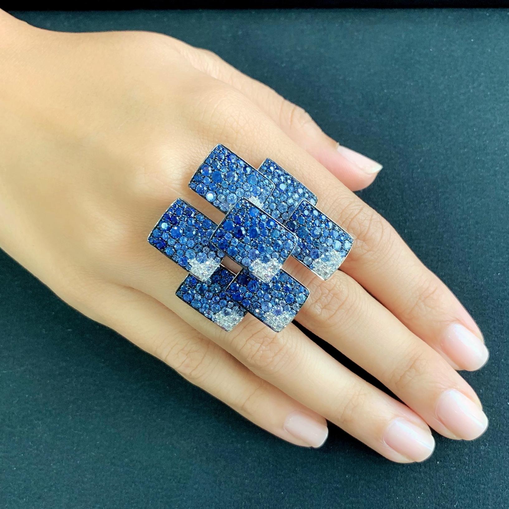 Contemporary 12.07 Carat Sapphire Diamond 18 Karat White Gold Wave Cocktail Ring