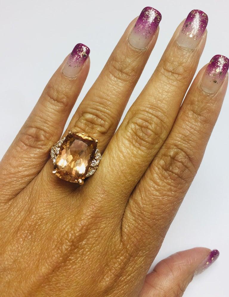 Cushion Cut 12.08 Carat Morganite Diamond 14 Karat Rose Gold Cocktail Ring For Sale