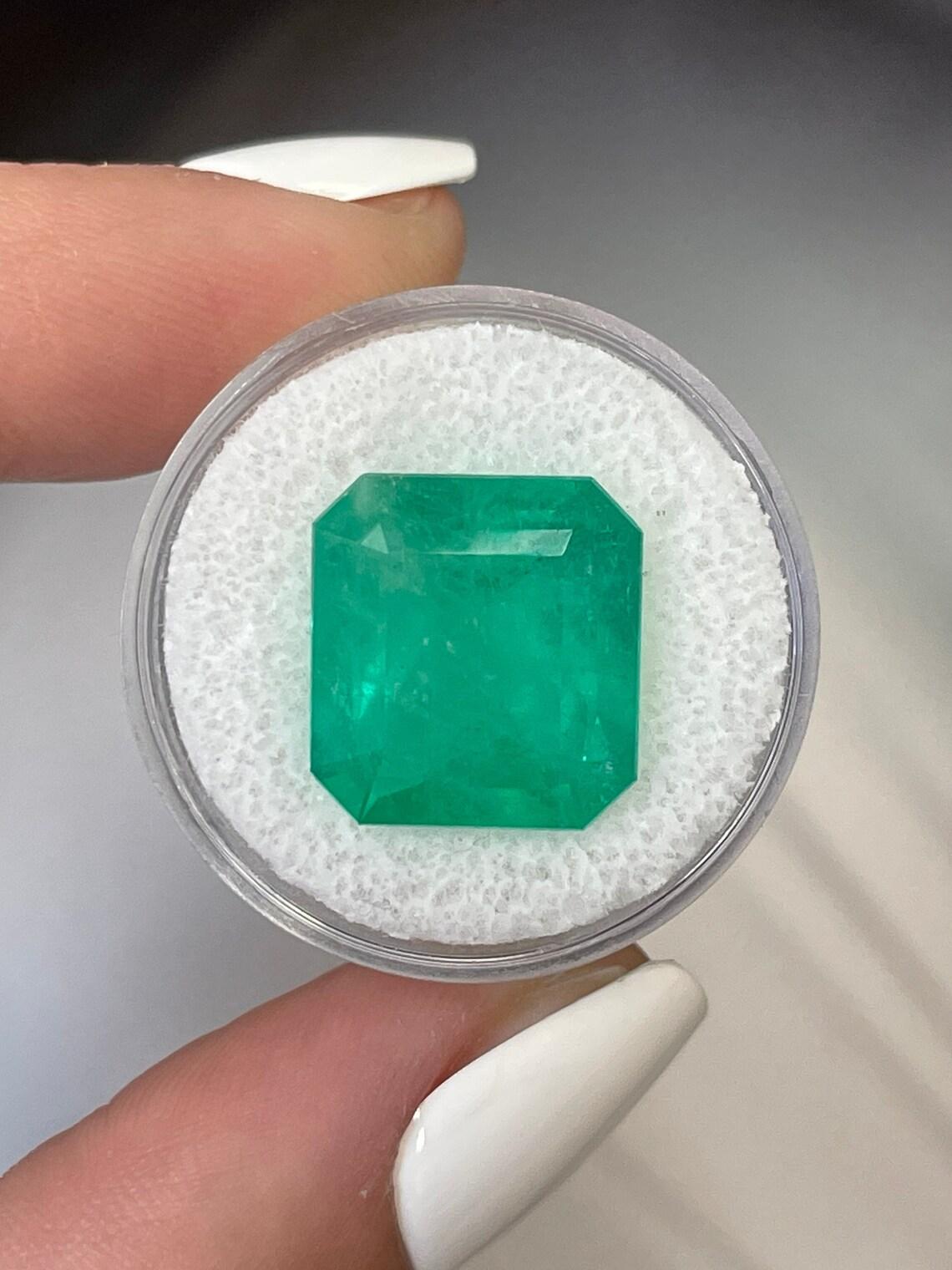 A. Stone: Smeraldo
Peso: 12,09 carati
Forma: Taglio Asscher
Chiarezza: Trasparente
Lucentezza: Molto buono
Colore: Greene & Greene medio
Misure: 14,82 mm x 13,84 mm x 9,40 mm
Origine geografica: Colombia
Trattamento: Naturale, oliatura

Commenti: A